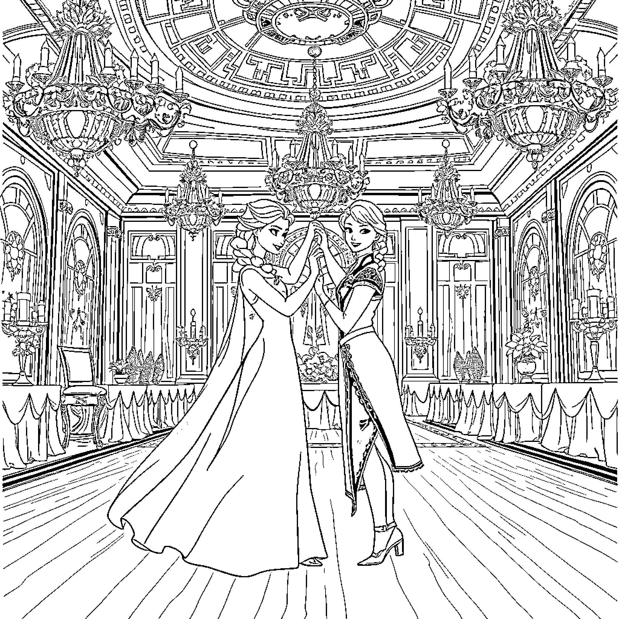 Elsa's Elegant Ball Dance with Companion Coloring Page (free black-and-white line drawing printable PDF for all, from beginners to advanced learners, including children, teens, adults, and seniors)