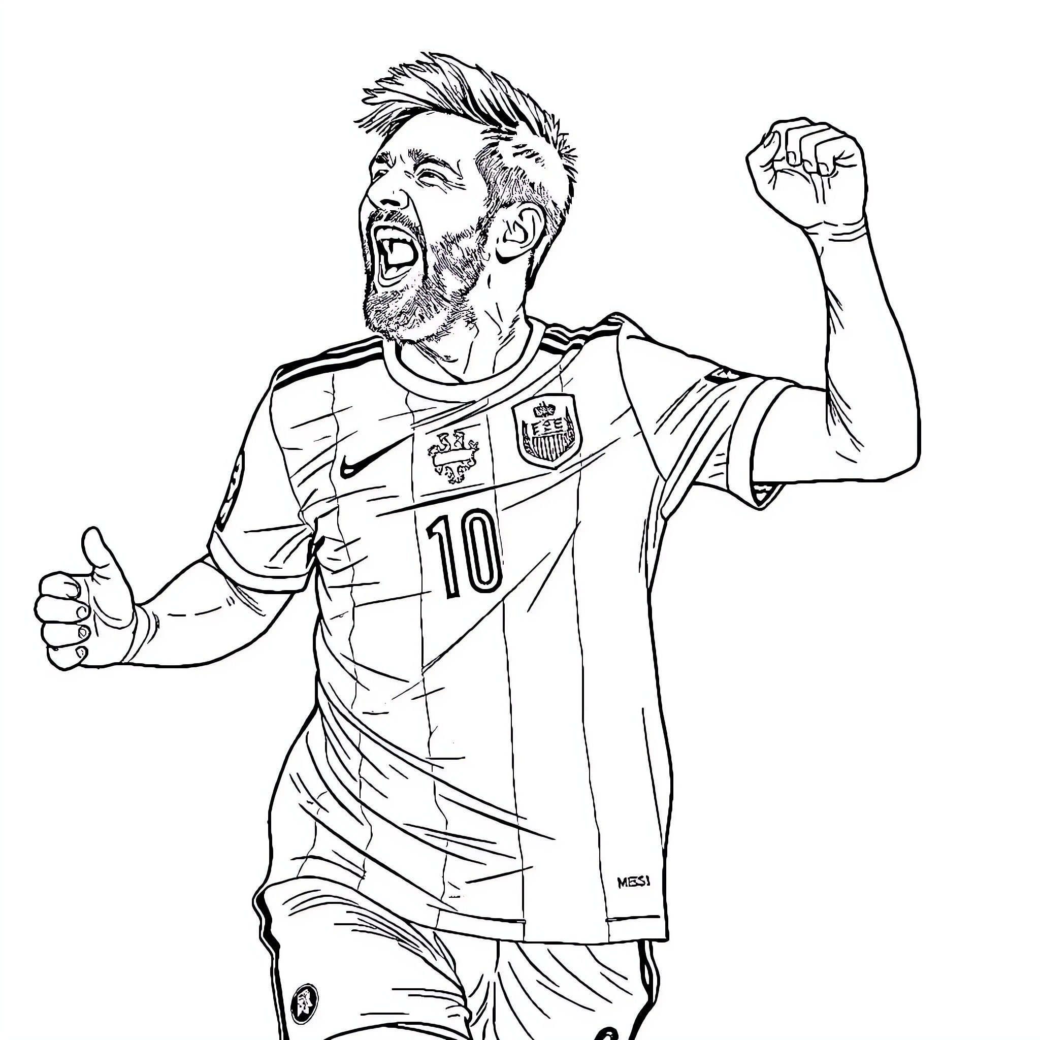 Messi celebrates goal with iconic fist pump Coloring Page (free black-and-white line drawing printable PDF for all, from beginners to advanced learners, including children, teens, adults, and seniors)