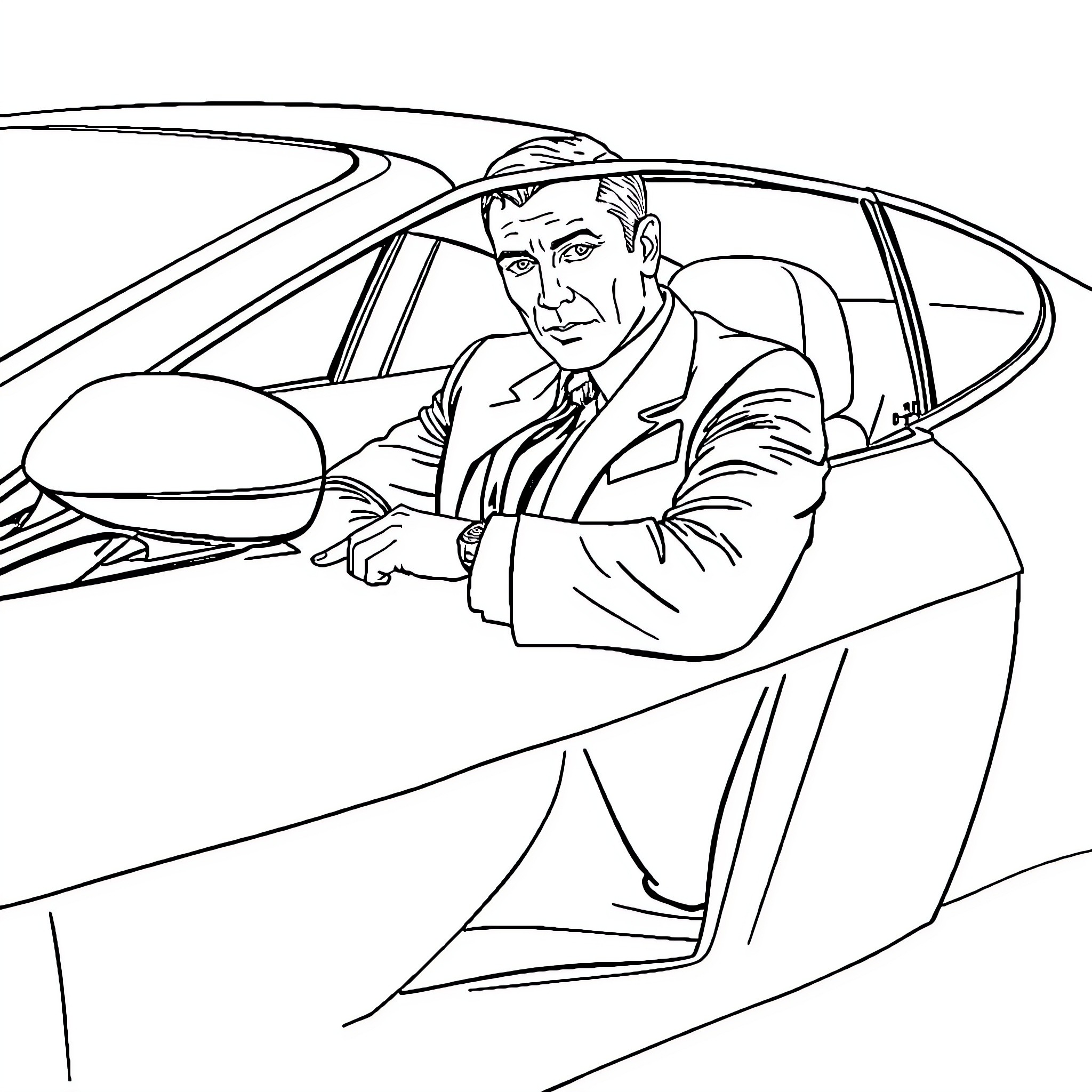 James Bond driving a sleek sports car Coloring Page (free black-and-white line drawing printable PDF for all, from beginners to advanced learners, including children, teens, adults, and seniors)