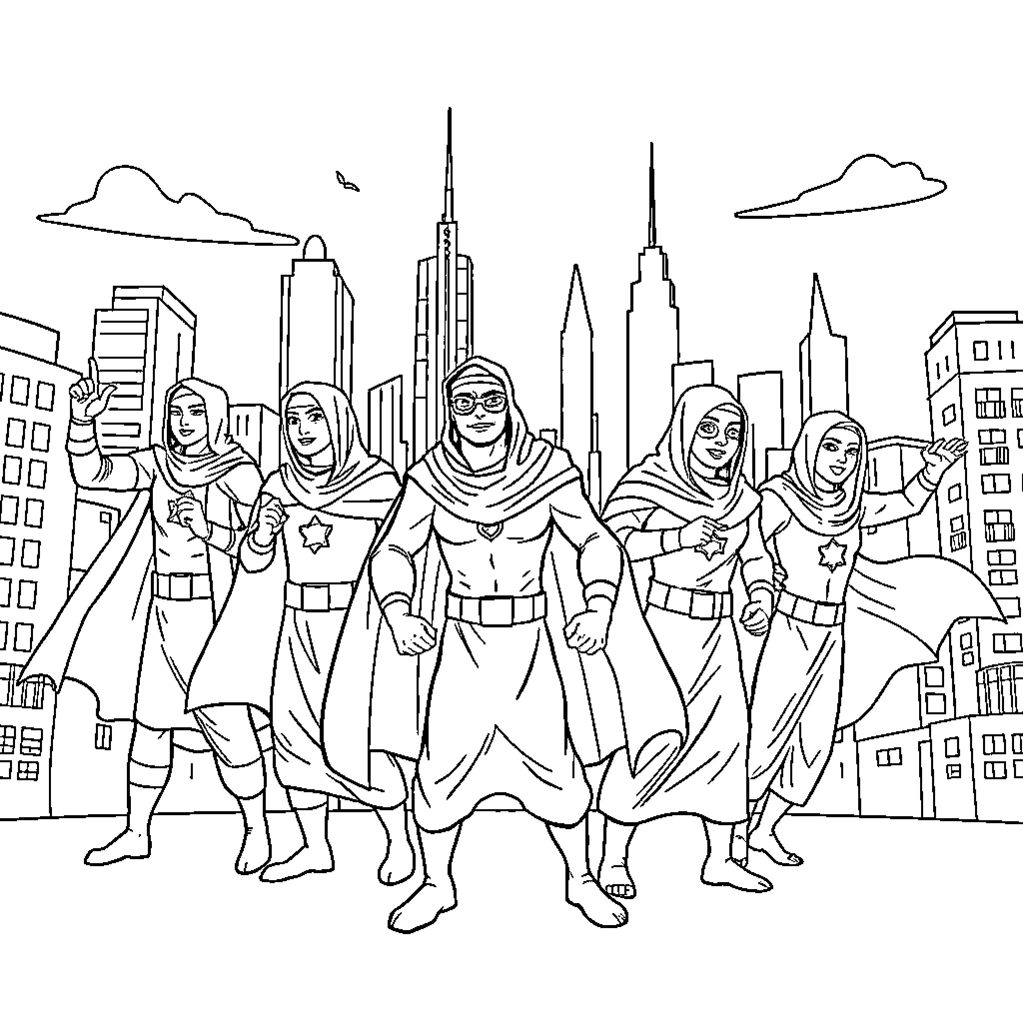 Superhero team defending the cityscape Coloring Page (free black-and-white line drawing printable PDF for all, from beginners to advanced learners, including children, teens, adults, and seniors)