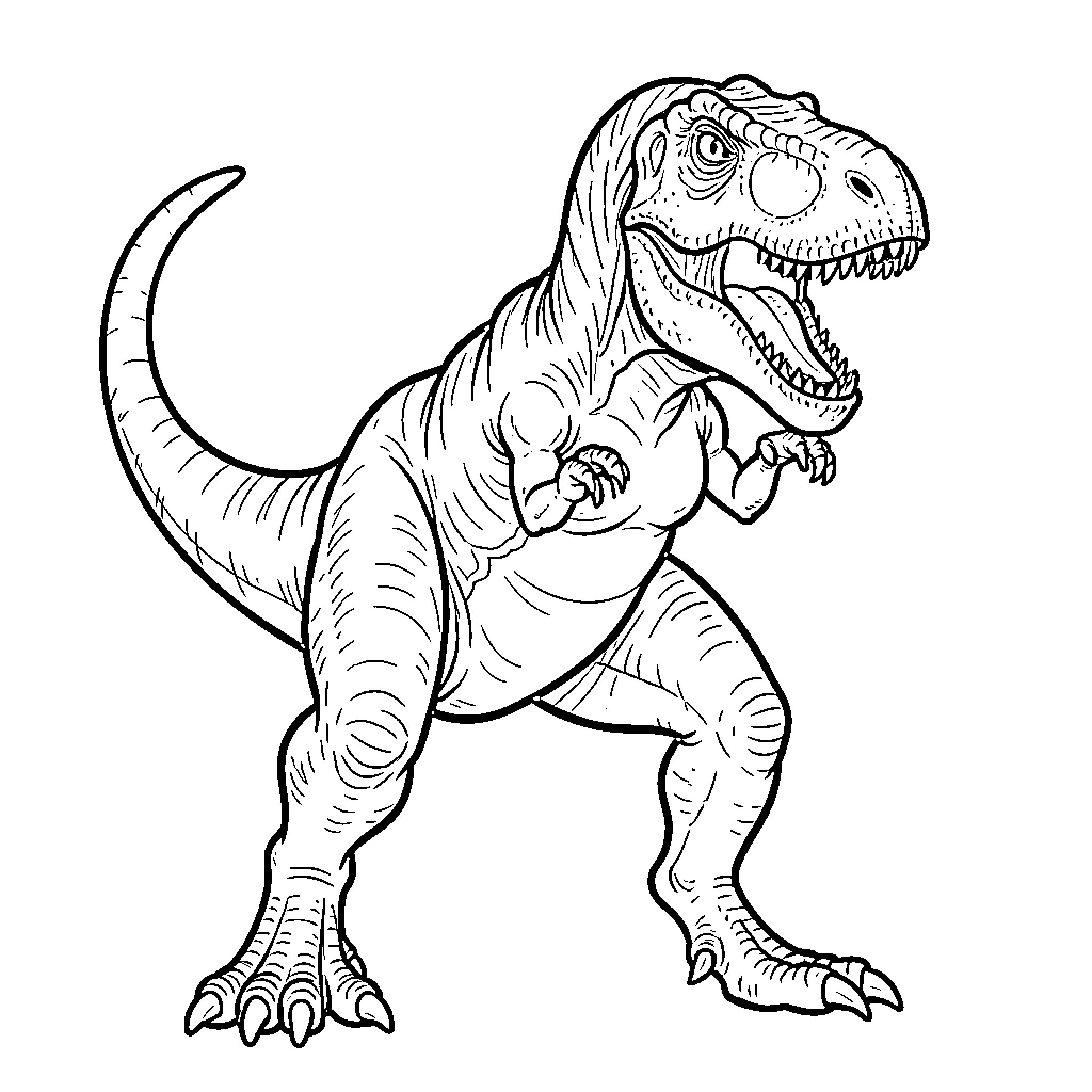 T-Rex roaring with mouth wide open Coloring Page (free black-and-white line drawing printable PDF for all, from beginners to advanced learners, including children, teens, adults, and seniors)