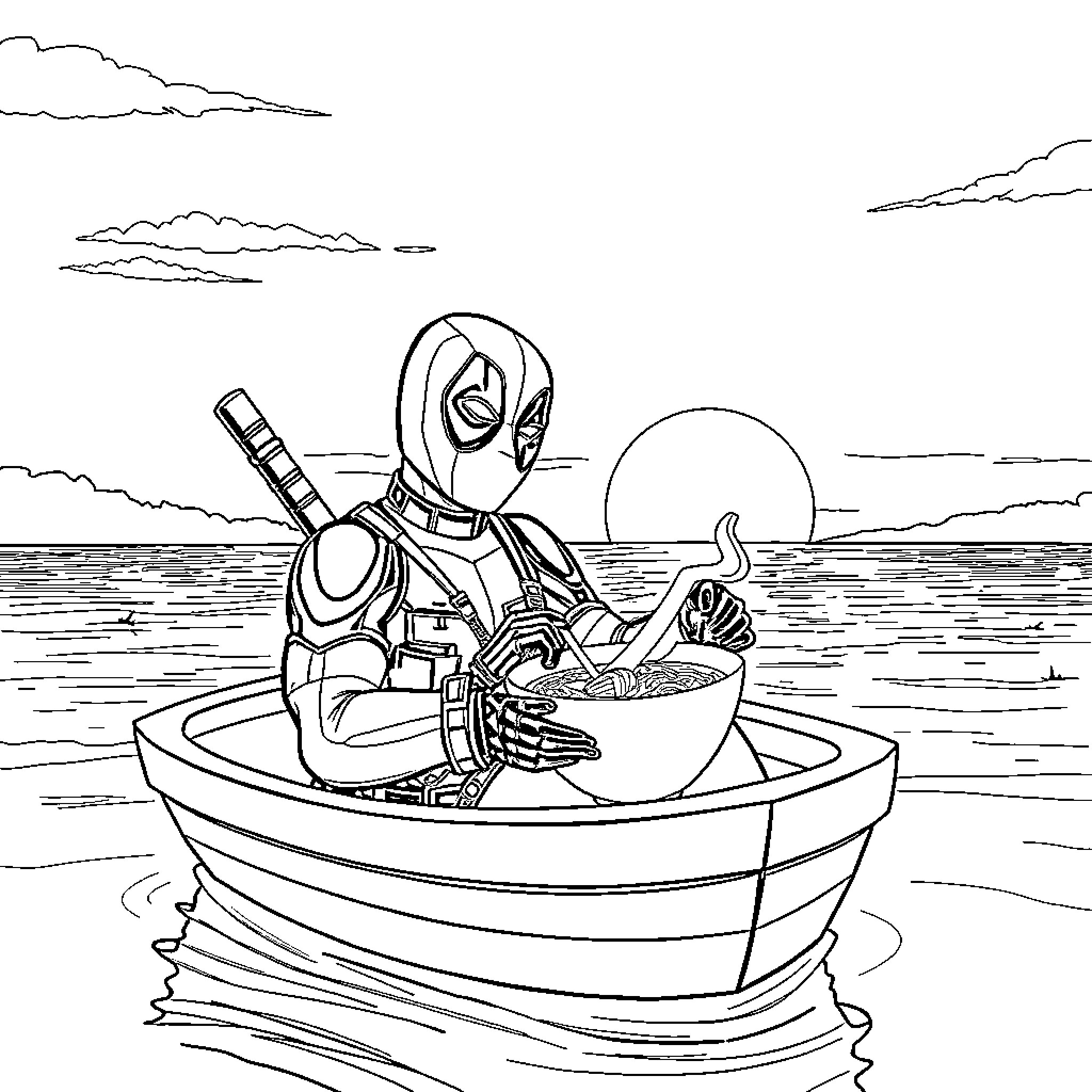 Deadpool chilling on a boat at sunset Coloring Page (free black-and-white line drawing printable PDF for all, from beginners to advanced learners, including children, teens, adults, and seniors)