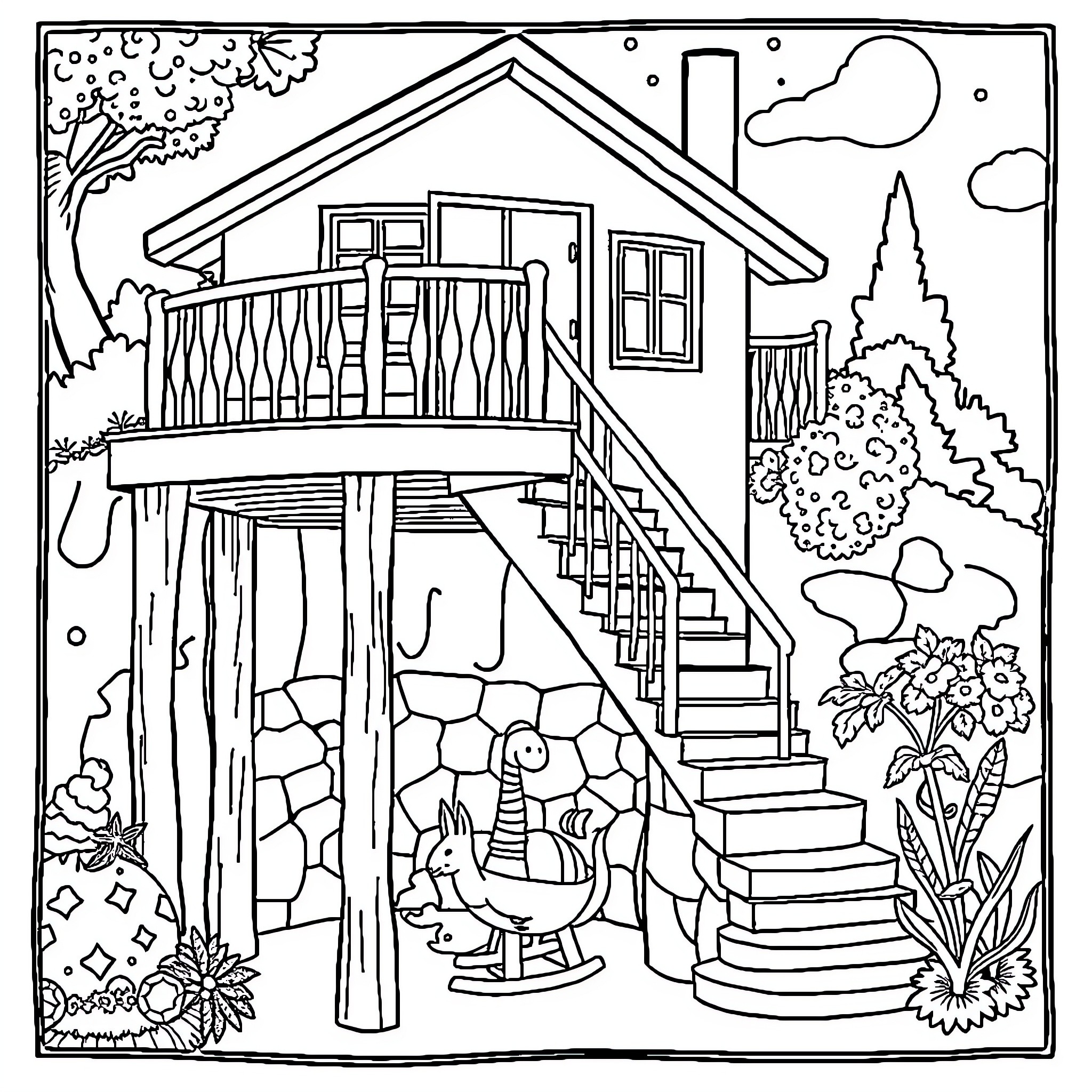 Unicorn cottage in the forest Coloring Page (free black-and-white line drawing printable PDF for all, from beginners to advanced learners, including children, teens, adults, and seniors)