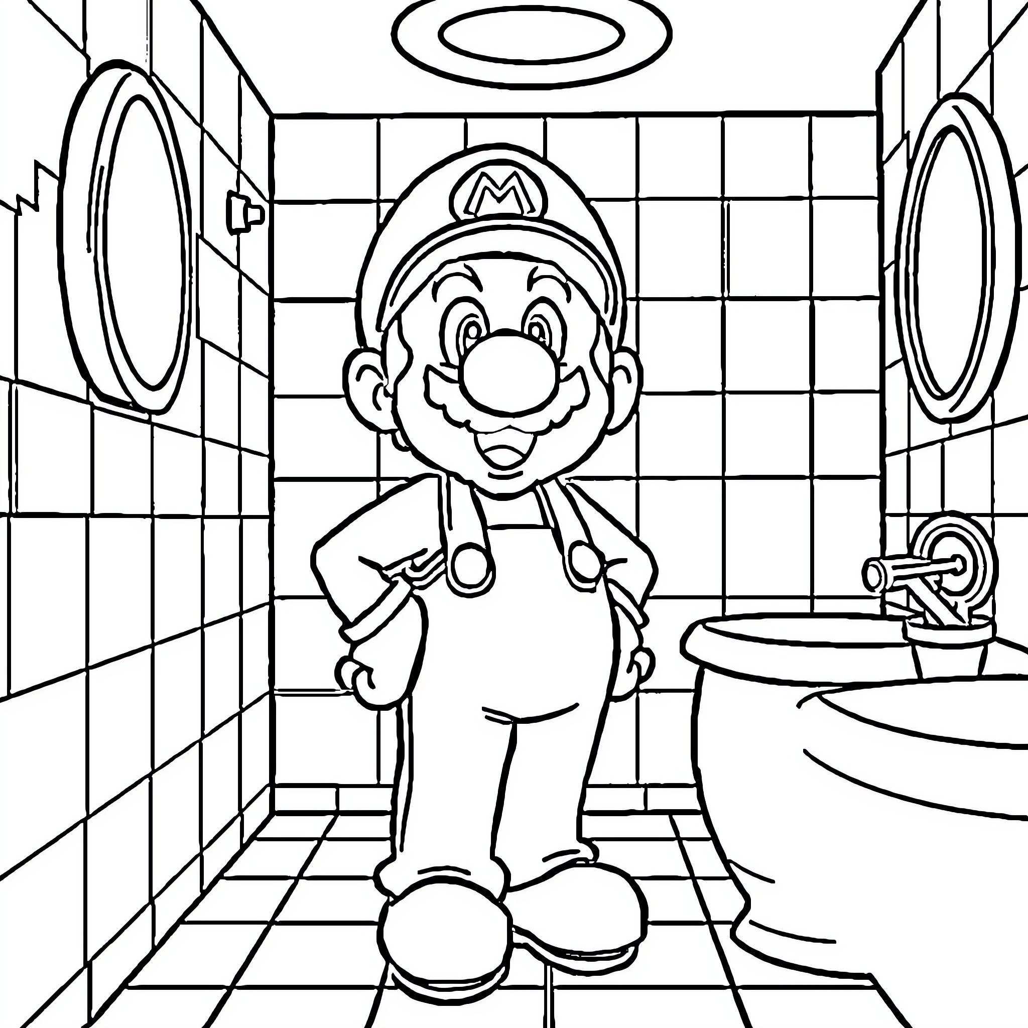 Mario happily in the bathroom Coloring Page (free black-and-white line drawing printable PDF for all, from beginners to advanced learners, including children, teens, adults, and seniors)