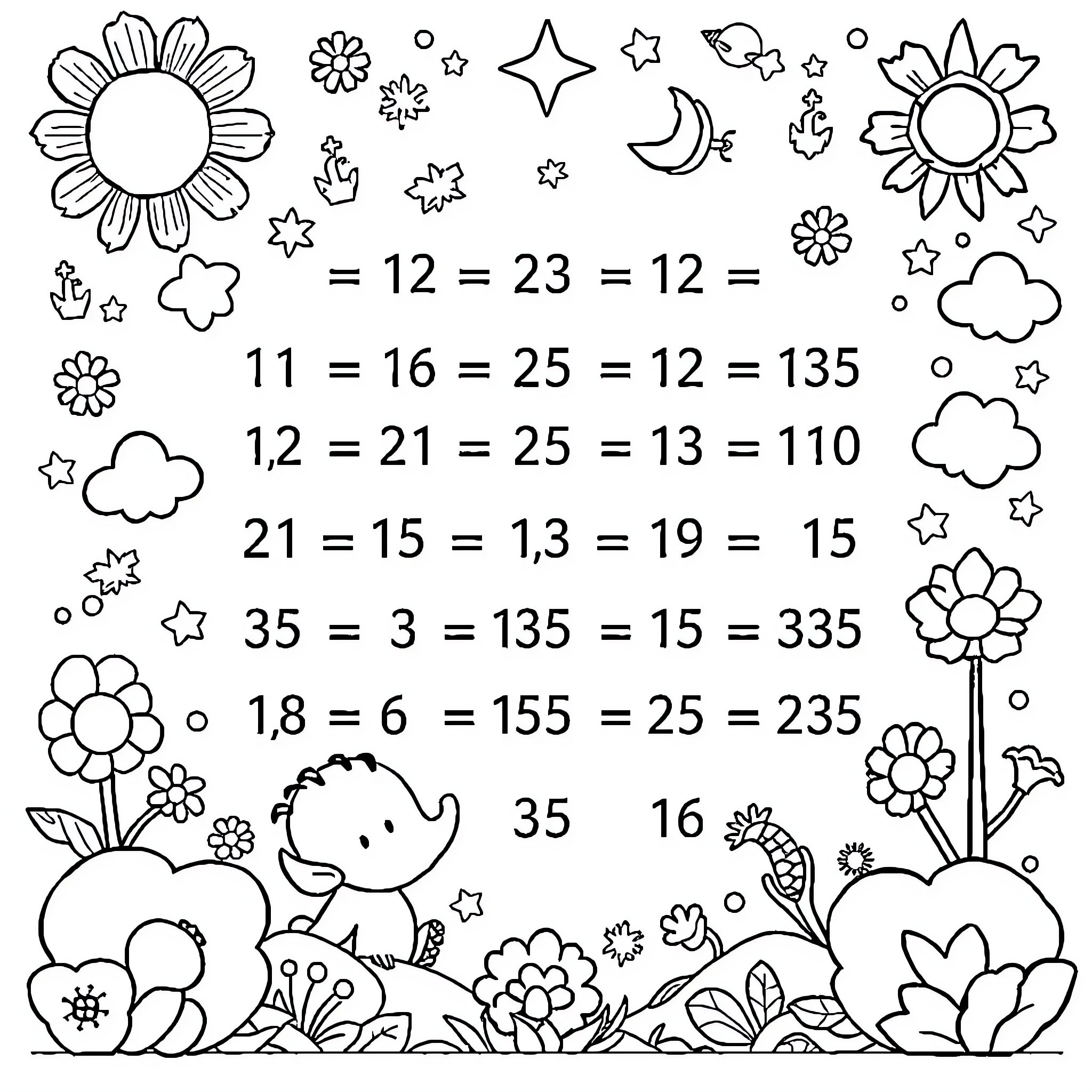 Multiplication Expressions with Floral Elements Coloring Page (free black-and-white line drawing printable PDF for all, from beginners to advanced learners, including children, teens, adults, and seniors)