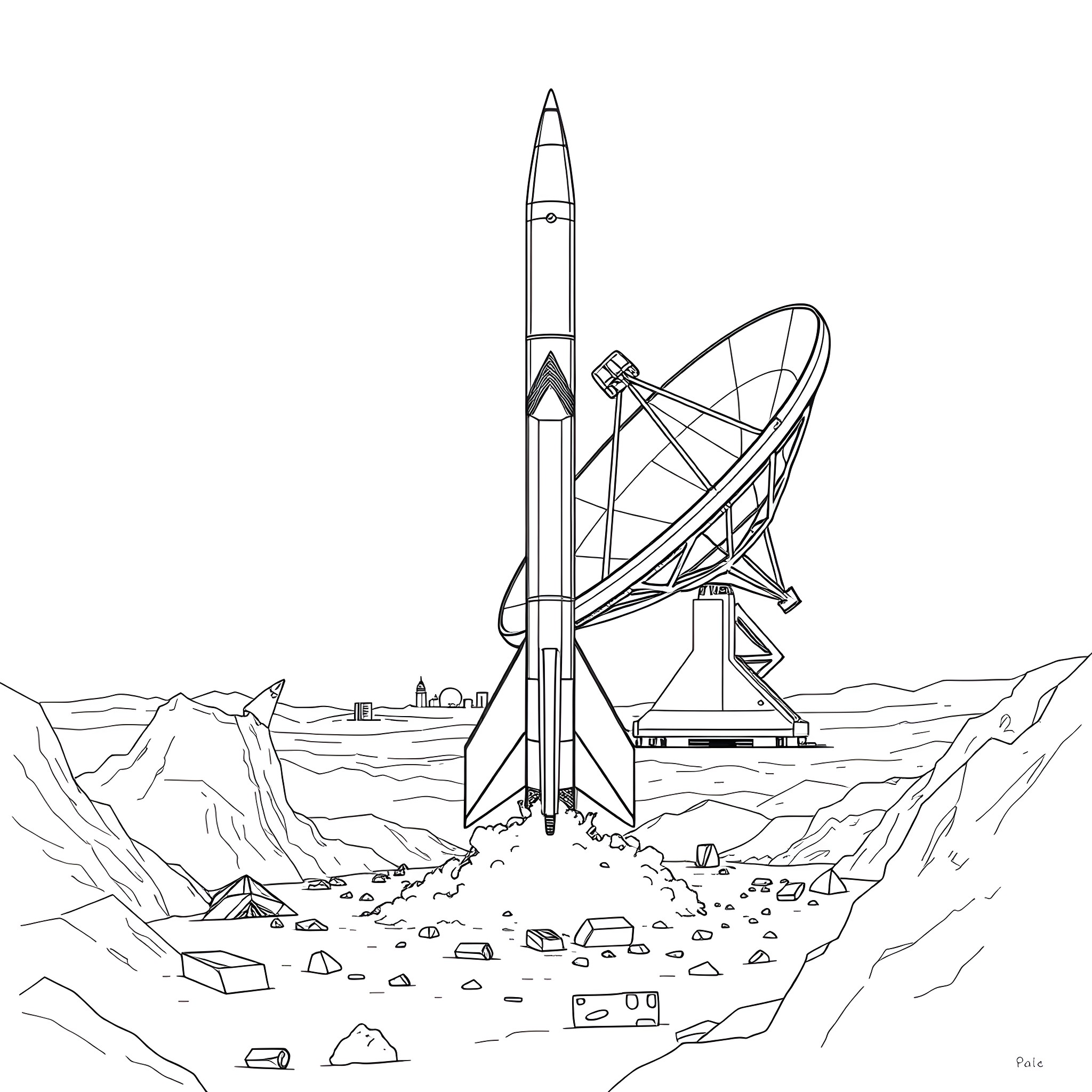 Satellite rocket launch from remote terrain Coloring Page (free black-and-white line drawing printable PDF for all, from beginners to advanced learners, including children, teens, adults, and seniors)