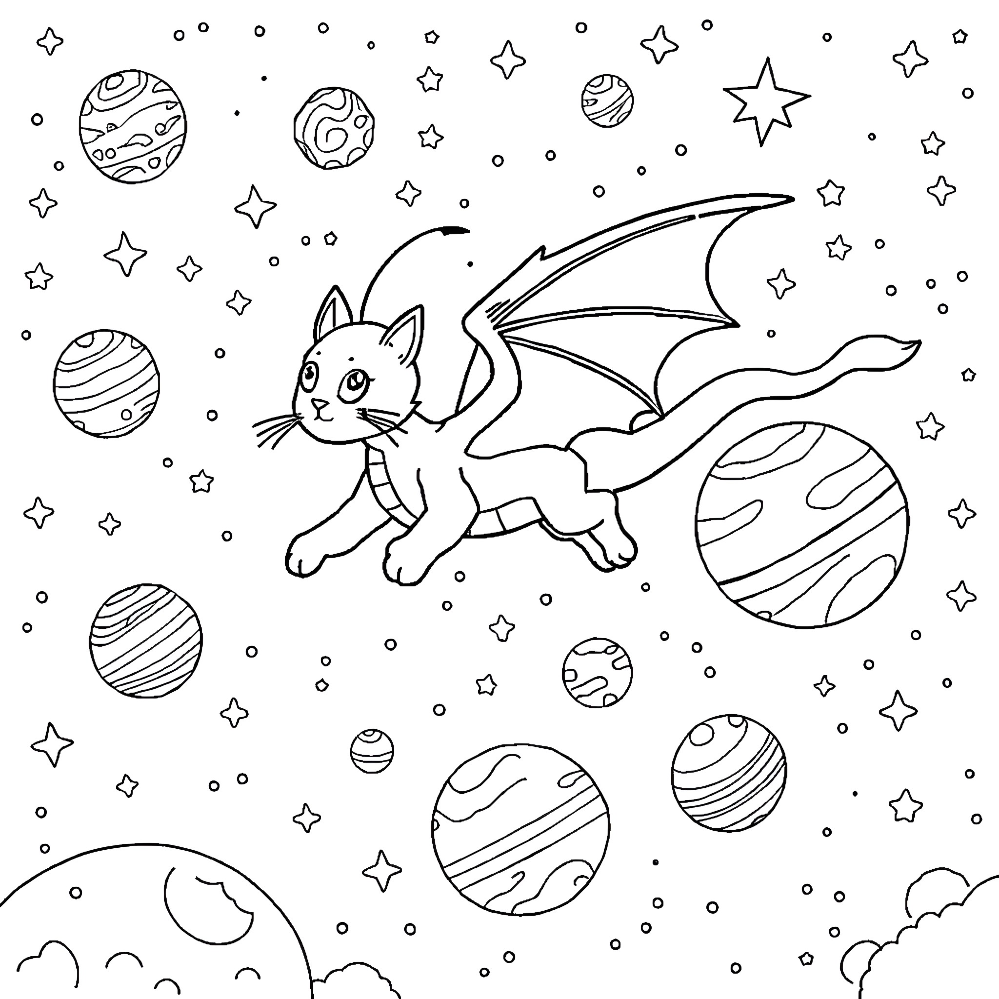 Cat Dragon flying among planets and stars Coloring Page (free black-and-white line drawing printable PDF for all, from beginners to advanced learners, including children, teens, adults, and seniors)