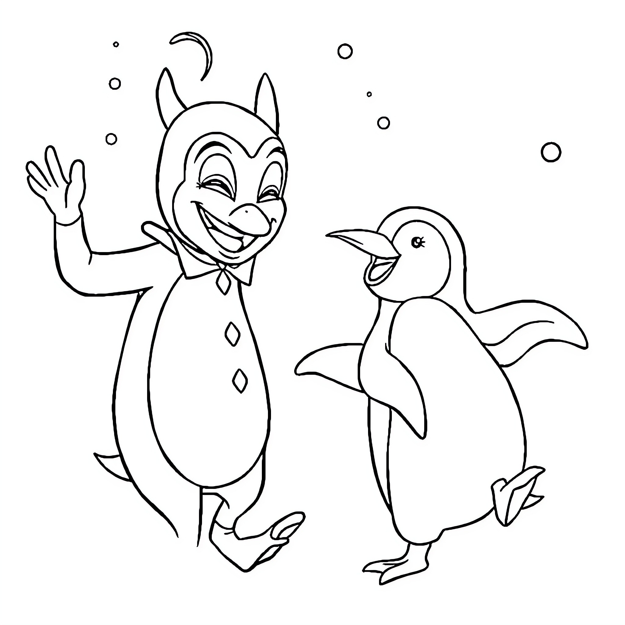 Mask characters playing with marine animals Coloring Page (free black-and-white line drawing printable PDF for all, from beginners to advanced learners, including children, teens, adults, and seniors)