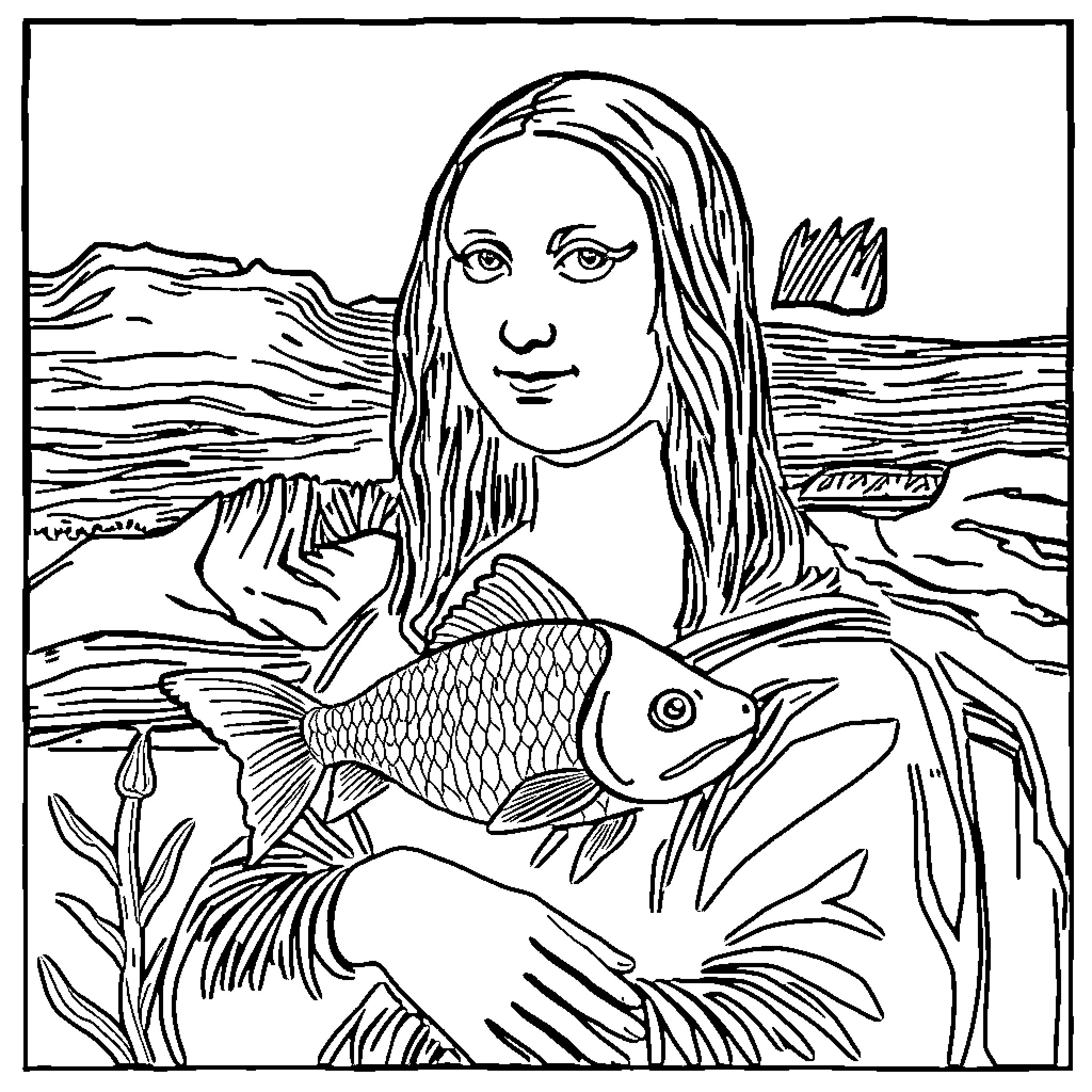 Mona Lisa holding a fish in a natural landscape Coloring Page (free black-and-white line drawing printable PDF for all, from beginners to advanced learners, including children, teens, adults, and seniors)