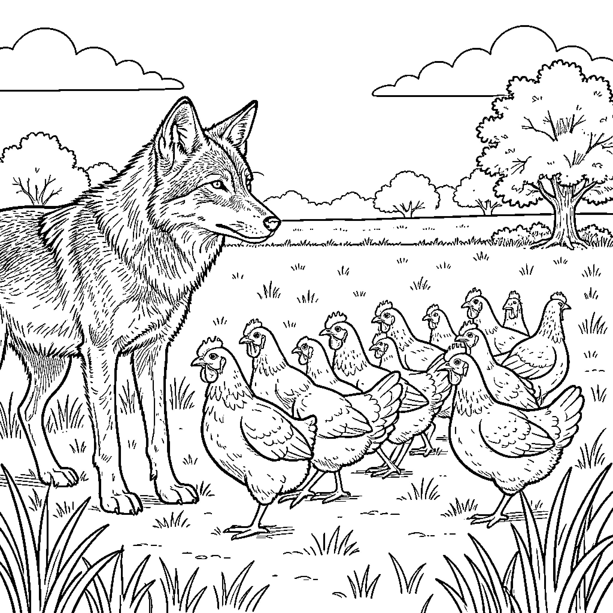 Coyote observing a group of chickens in a field Coloring Page (free black-and-white line drawing printable PDF for all, from beginners to advanced learners, including children, teens, adults, and seniors)