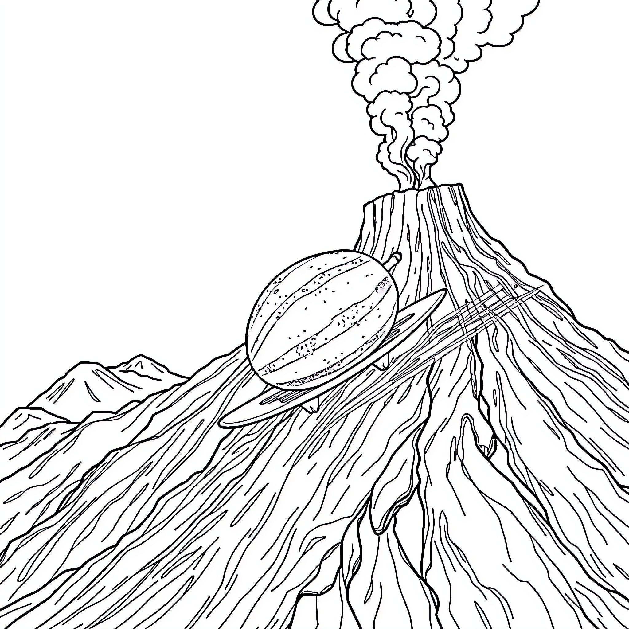 Watermelon-shaped rock erupting from volcanic mountain Coloring Page (free black-and-white line drawing printable PDF for all, from beginners to advanced learners, including children, teens, adults, and seniors)