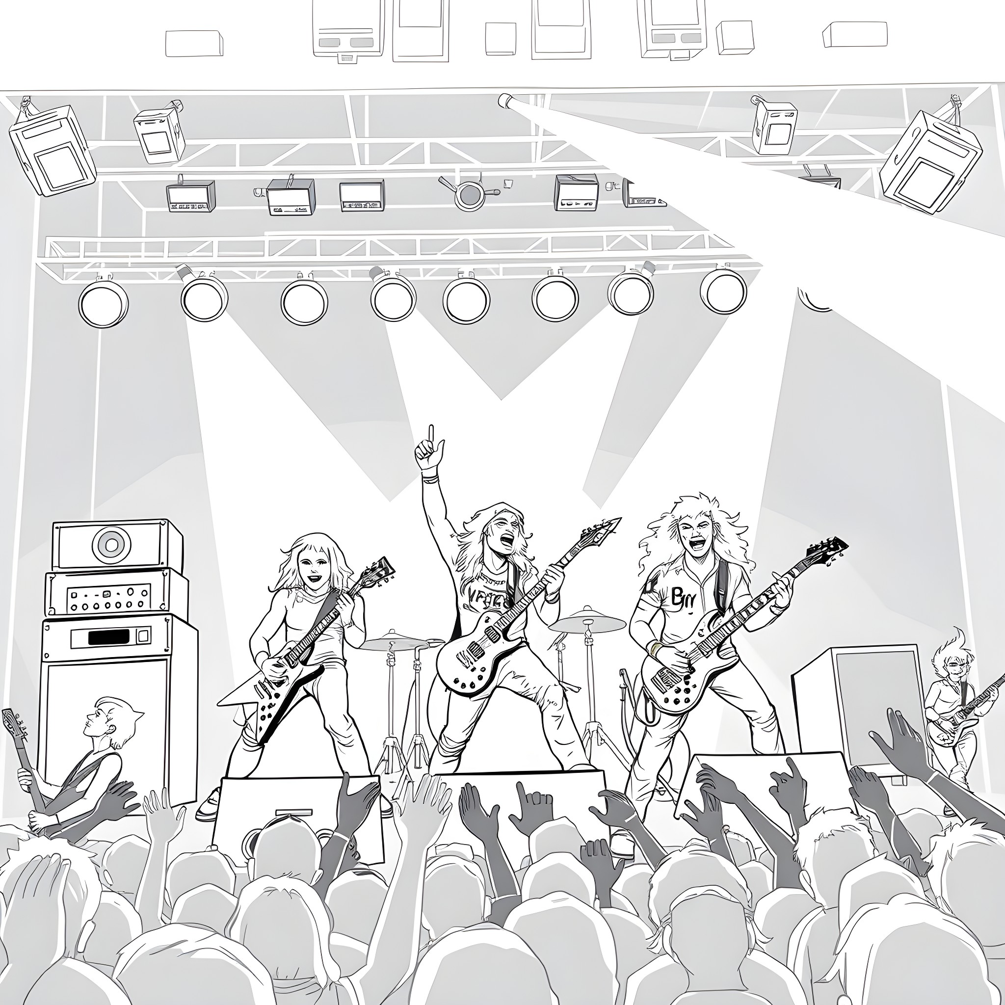 Band performing energetically on stage with crowd Coloring Page (free black-and-white line drawing printable PDF for all, from beginners to advanced learners, including children, teens, adults, and seniors)