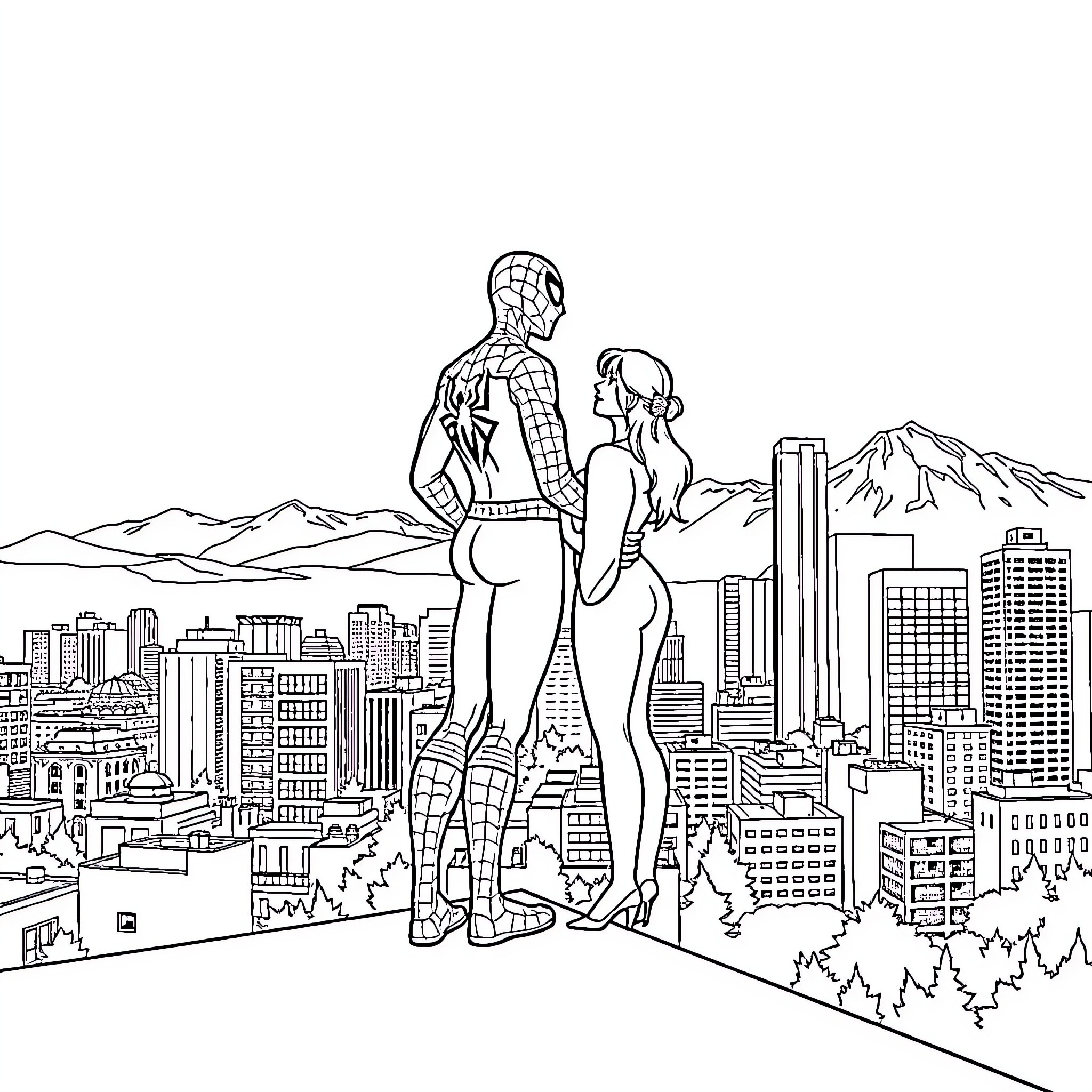 Spiderman and partner overlooking the city skyline Coloring Page (free black-and-white line drawing printable PDF for all, from beginners to advanced learners, including children, teens, adults, and seniors)