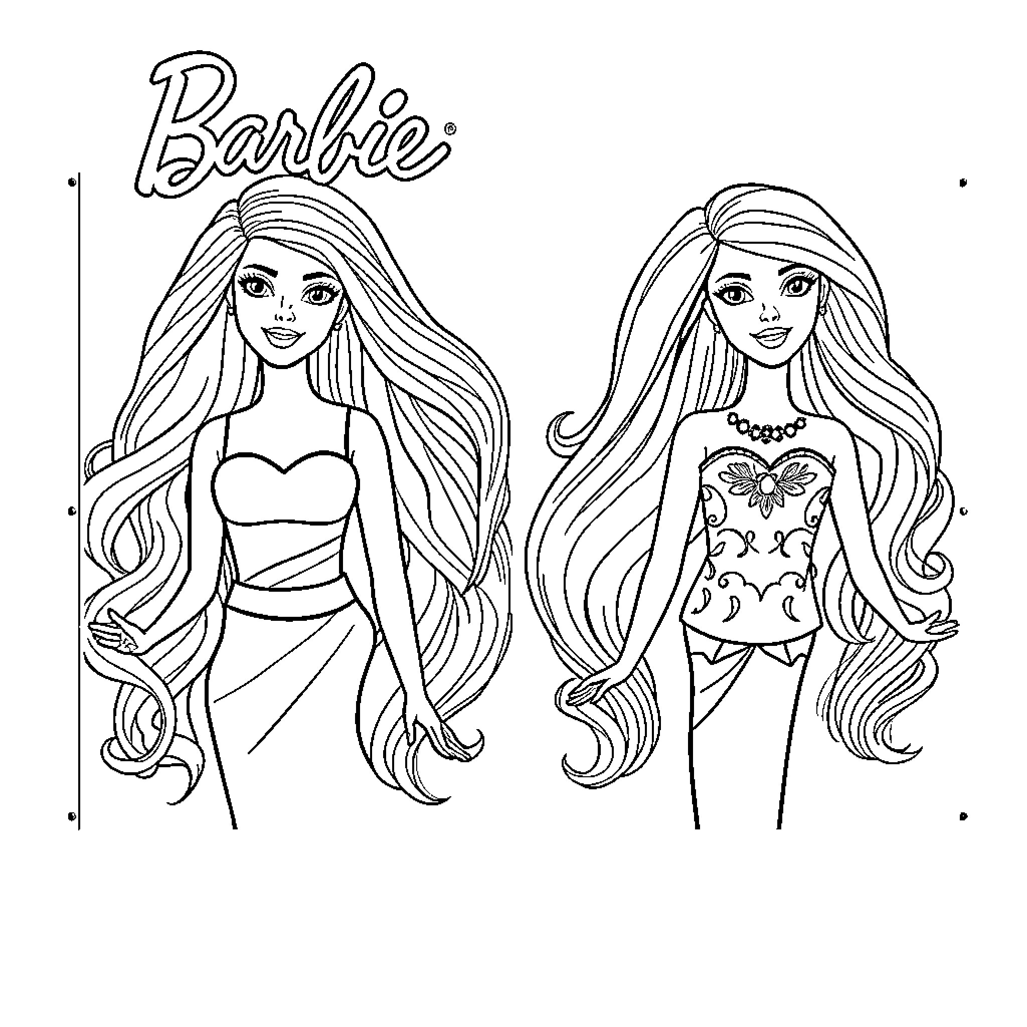 Barbie posing with different outfits and hairstyles Coloring Page (free black-and-white line drawing printable PDF for all, from beginners to advanced learners, including children, teens, adults, and seniors)