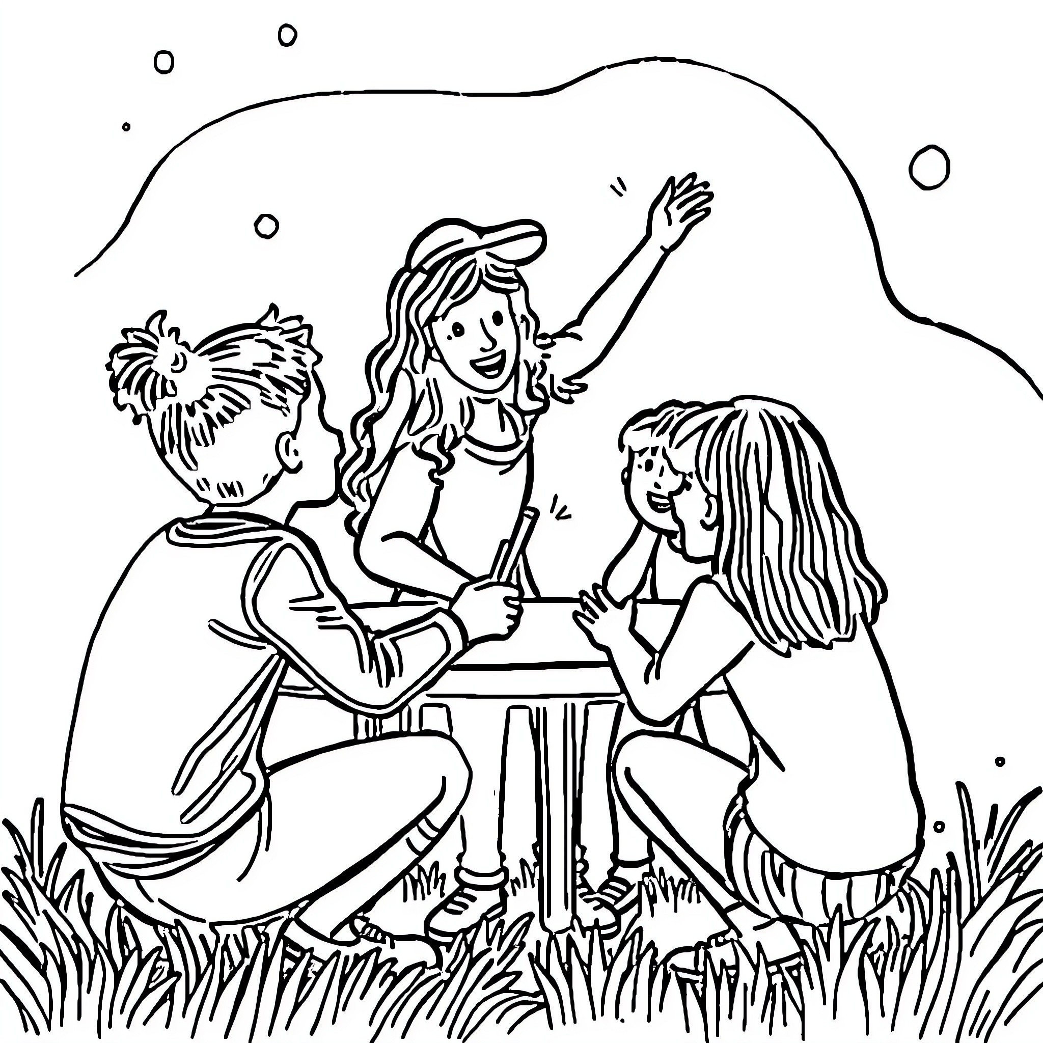 Train of friends enjoying nature and each other's company Coloring Page (free black-and-white line drawing printable PDF for all, from beginners to advanced learners, including children, teens, adults, and seniors)