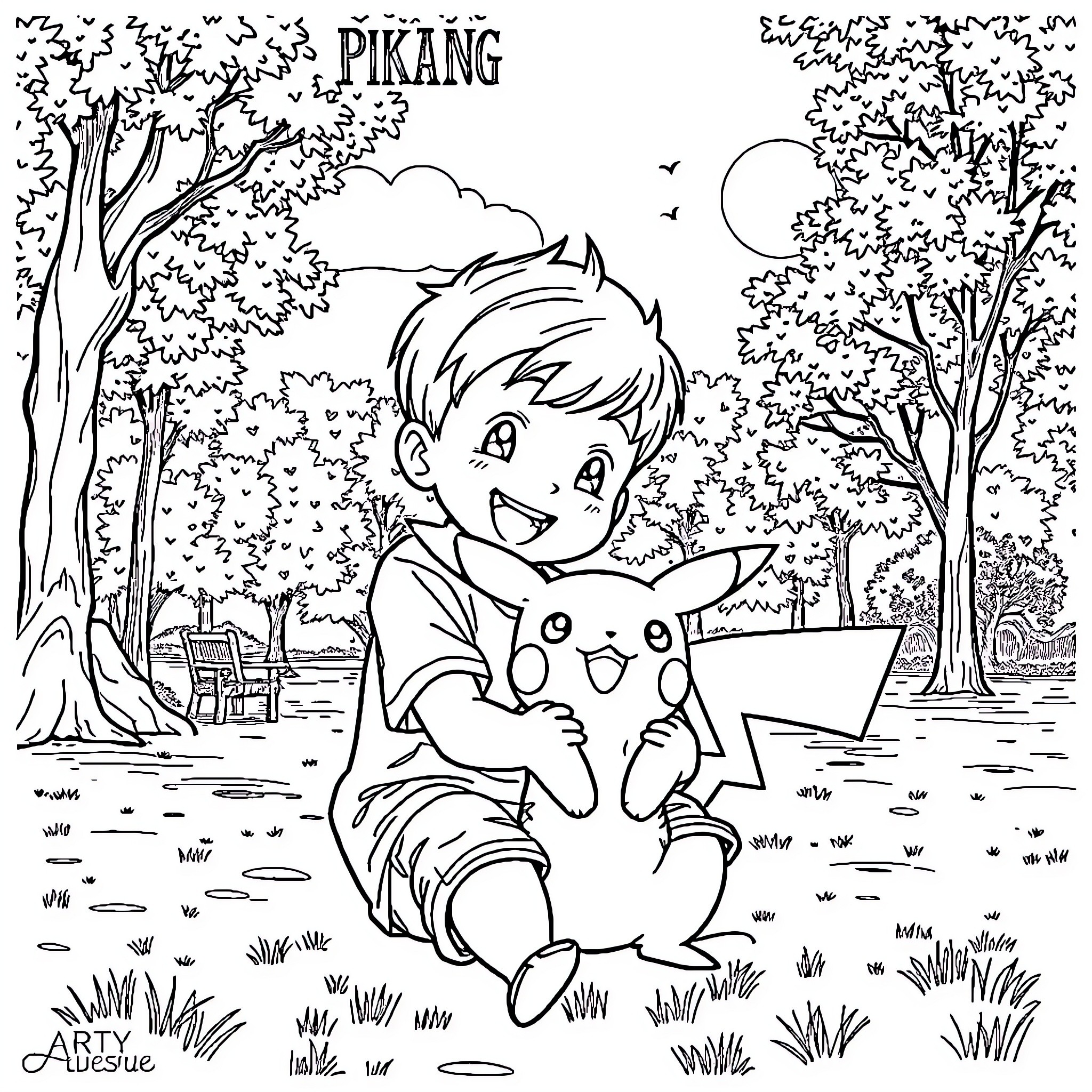 Boy exploring nature with a friendly Pikachu Coloring Page (free black-and-white line drawing printable PDF for all, from beginners to advanced learners, including children, teens, adults, and seniors)