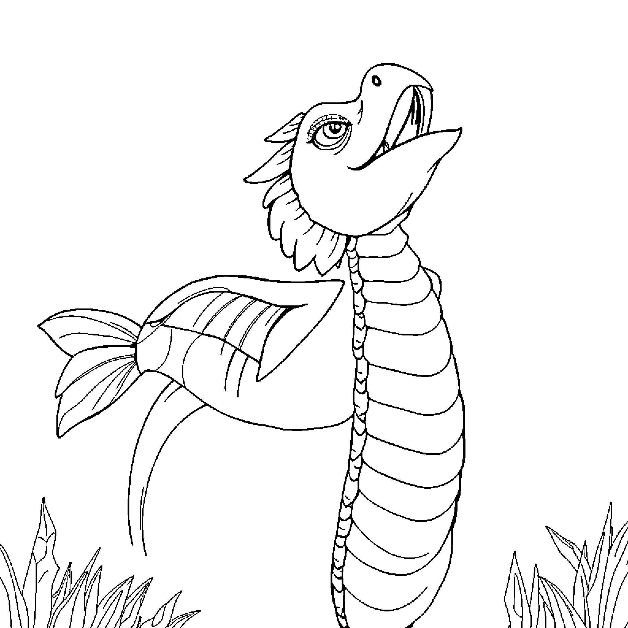 Dragon-like creature swimming in the water Coloring Page (free black-and-white line drawing printable PDF for all, from beginners to advanced learners, including children, teens, adults, and seniors)