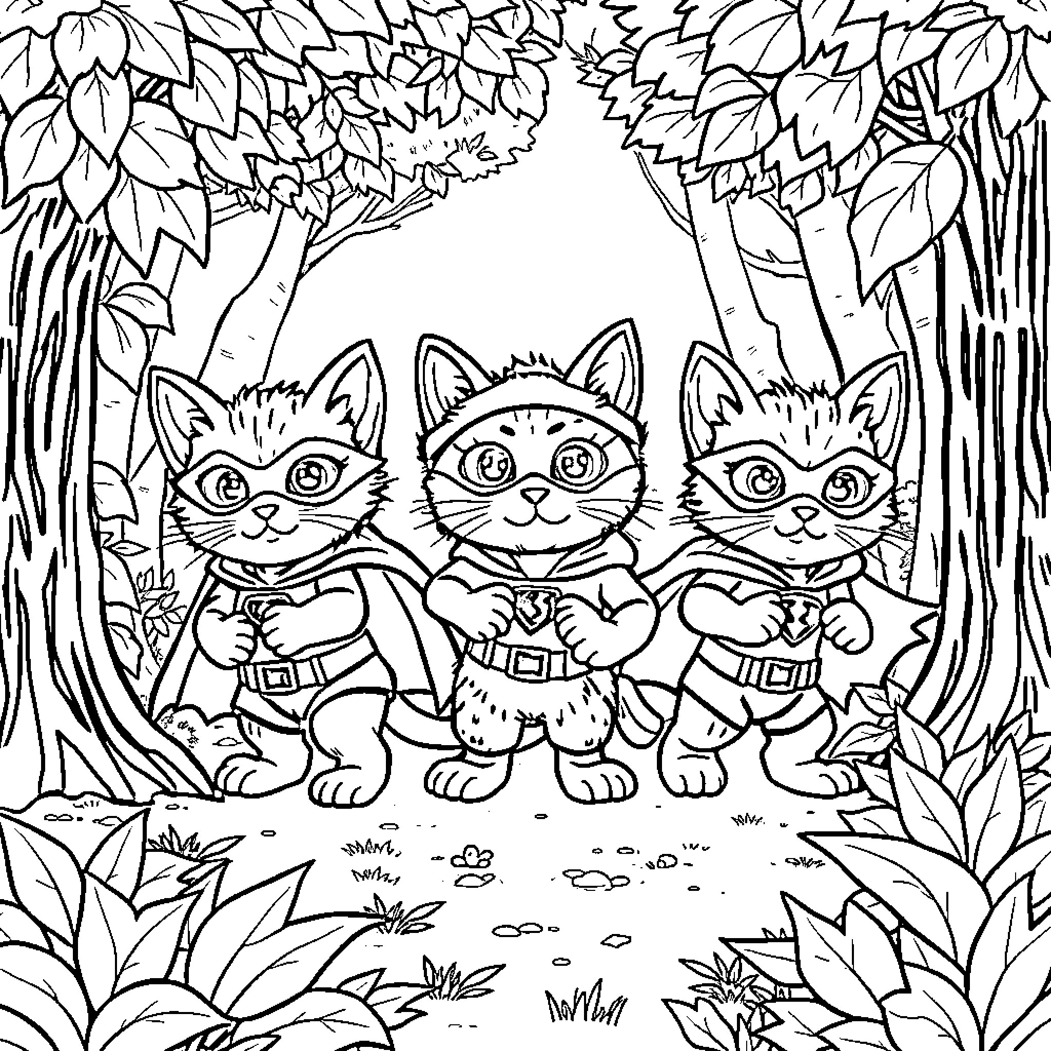 Kittens exploring the enchanted forest Coloring Page (free black-and-white line drawing printable PDF for all, from beginners to advanced learners, including children, teens, adults, and seniors)