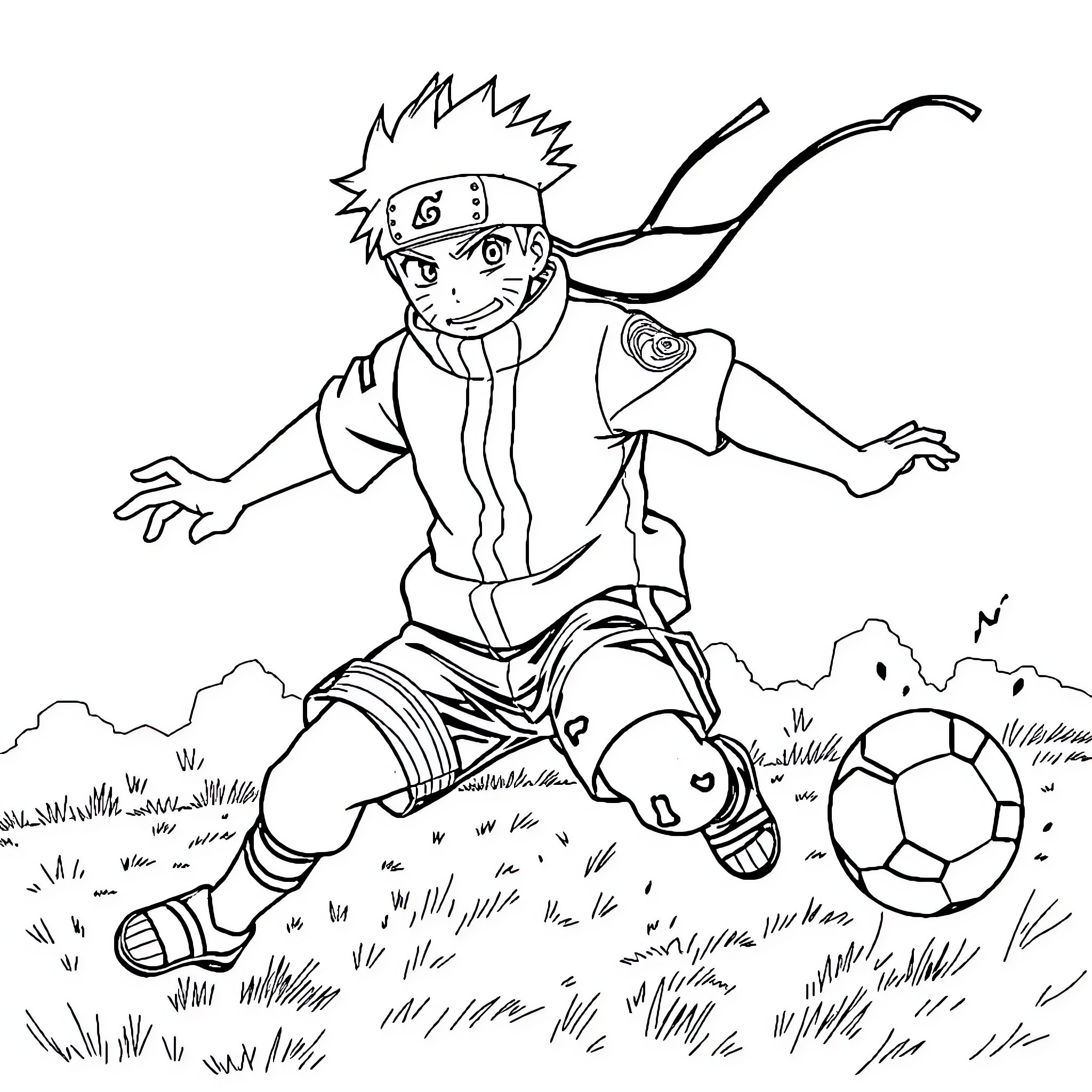 Naruto playing soccer in the field Coloring Page (free black-and-white line drawing printable PDF for all, from beginners to advanced learners, including children, teens, adults, and seniors)