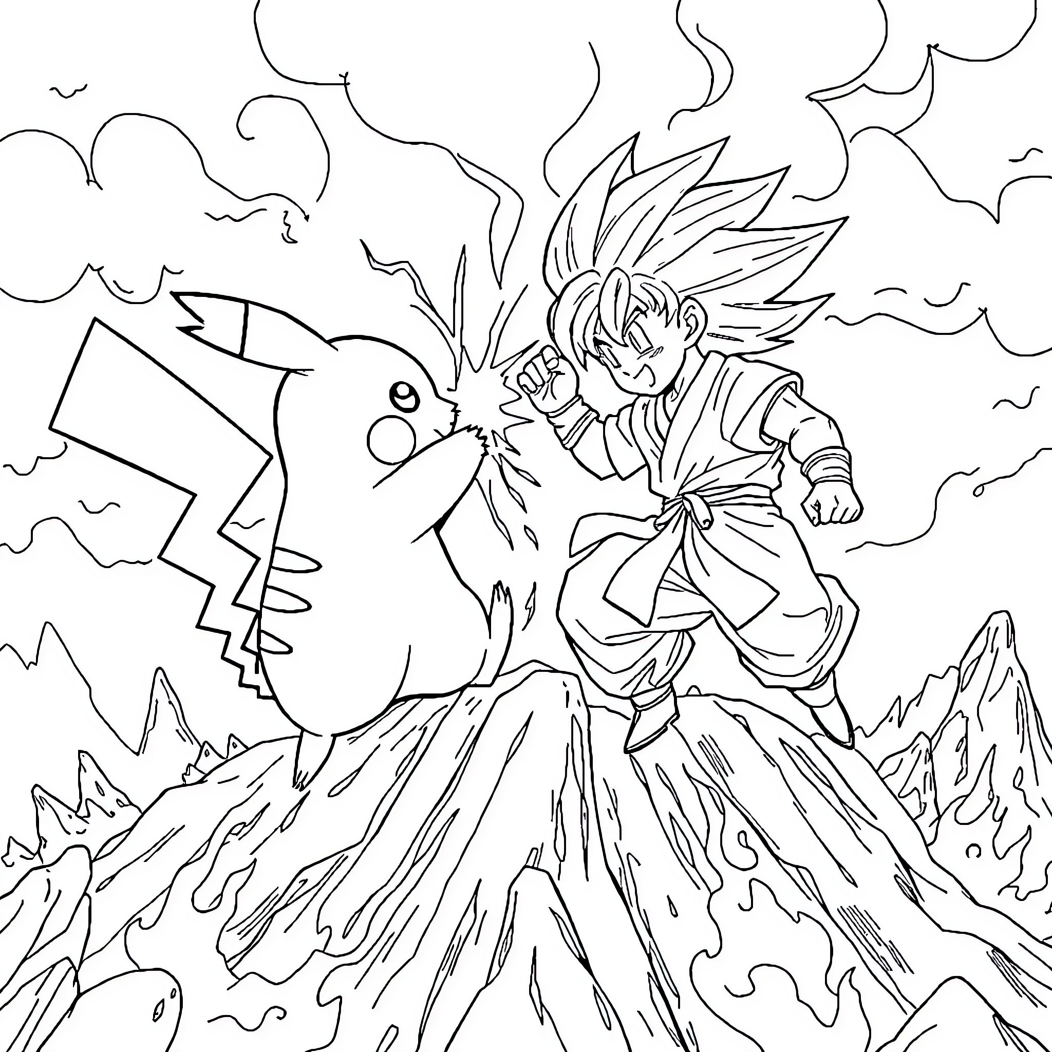 Pikachu and Warrior Clashing in Dramatic Battle Coloring Page (free black-and-white line drawing printable PDF for all, from beginners to advanced learners, including children, teens, adults, and seniors)