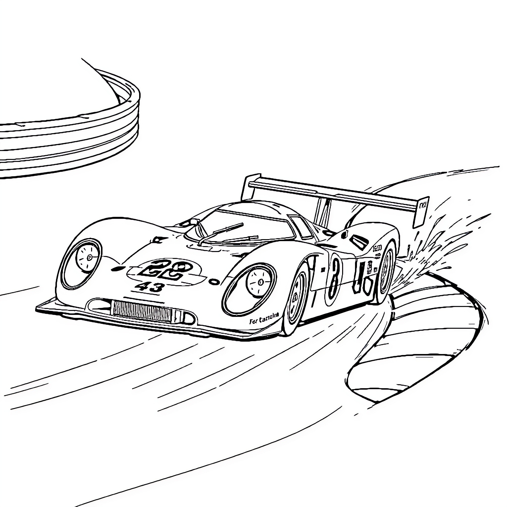 MCL38: High-speed race car on a curved track Coloring Page (free black-and-white line drawing printable PDF for all, from beginners to advanced learners, including children, teens, adults, and seniors)