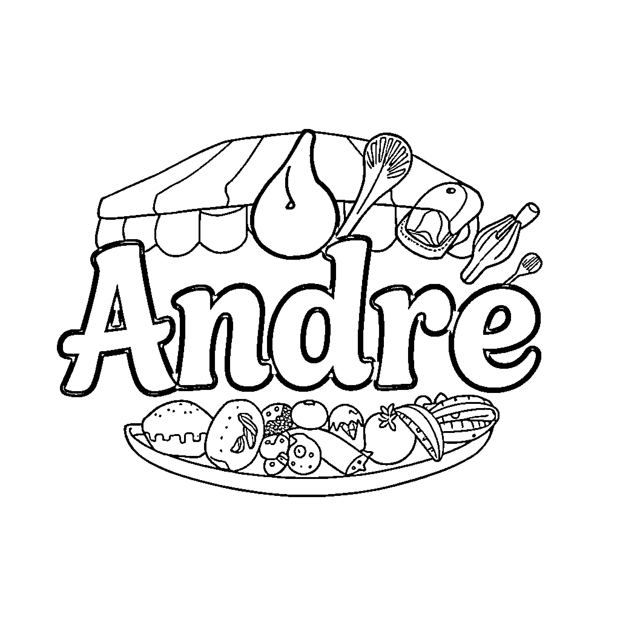 Restaurant with diverse food items and name Coloring Page (free black-and-white line drawing printable PDF for all, from beginners to advanced learners, including children, teens, adults, and seniors)