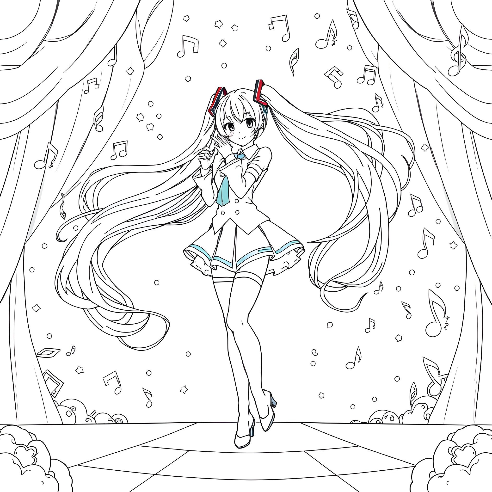 Miku's Musical Performance on Stage Coloring Page (free black-and-white line drawing printable PDF for all, from beginners to advanced learners, including children, teens, adults, and seniors)