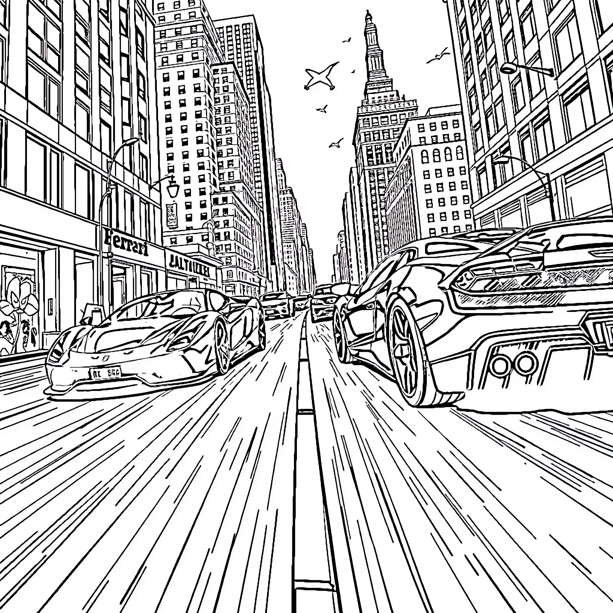 Ferrari Supercars Racing Through the City Streets Coloring Page (free black-and-white line drawing printable PDF for all, from beginners to advanced learners, including children, teens, adults, and seniors)