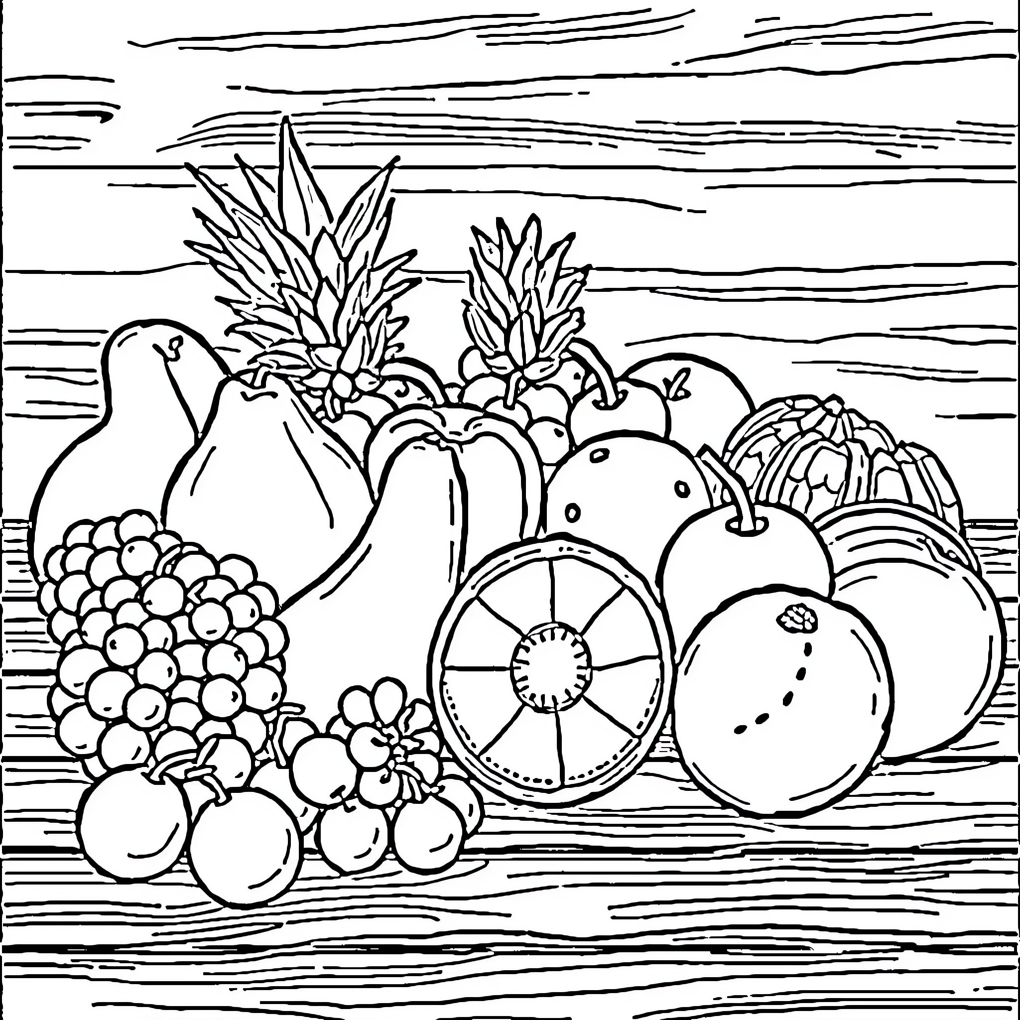 Fruit Basket with Assorted Produce Coloring Page (free black-and-white line drawing printable PDF for all, from beginners to advanced learners, including children, teens, adults, and seniors)