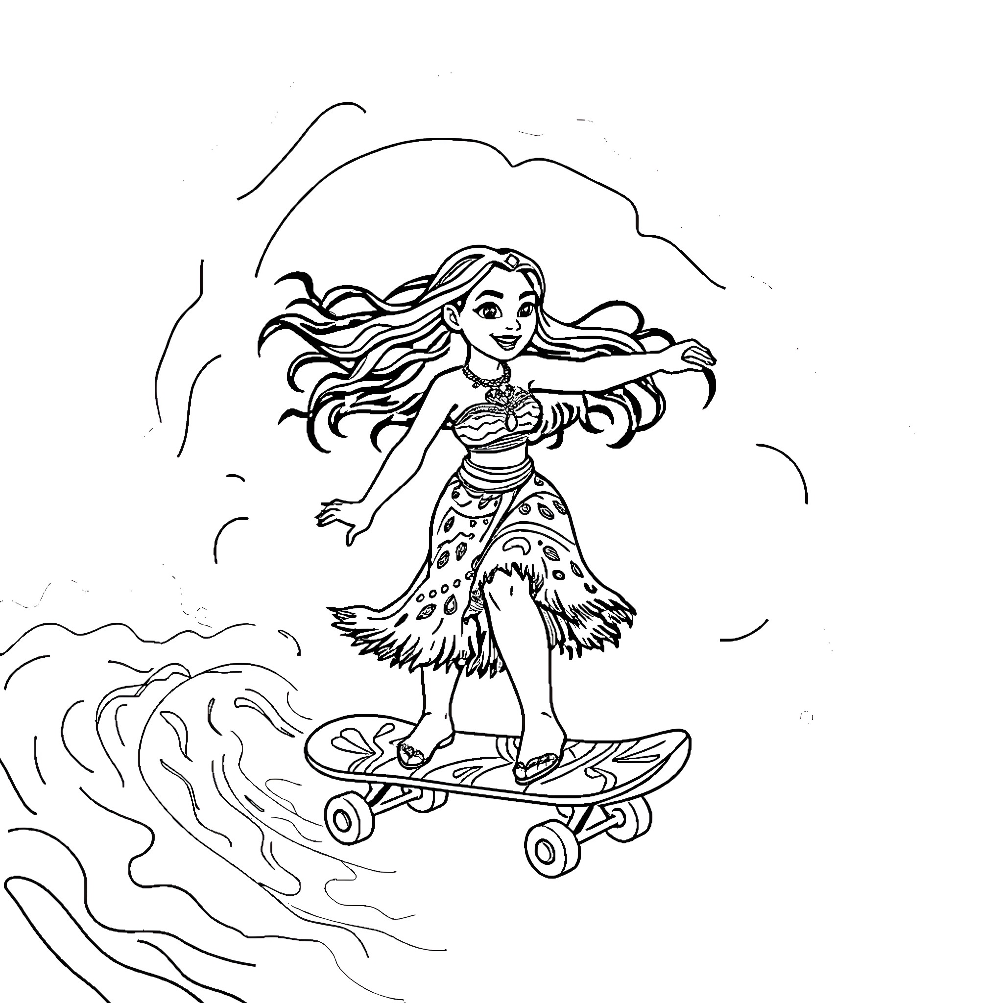 Moana surfing on a stormy sea Coloring Page (free black-and-white line drawing printable PDF for all, from beginners to advanced learners, including children, teens, adults, and seniors)