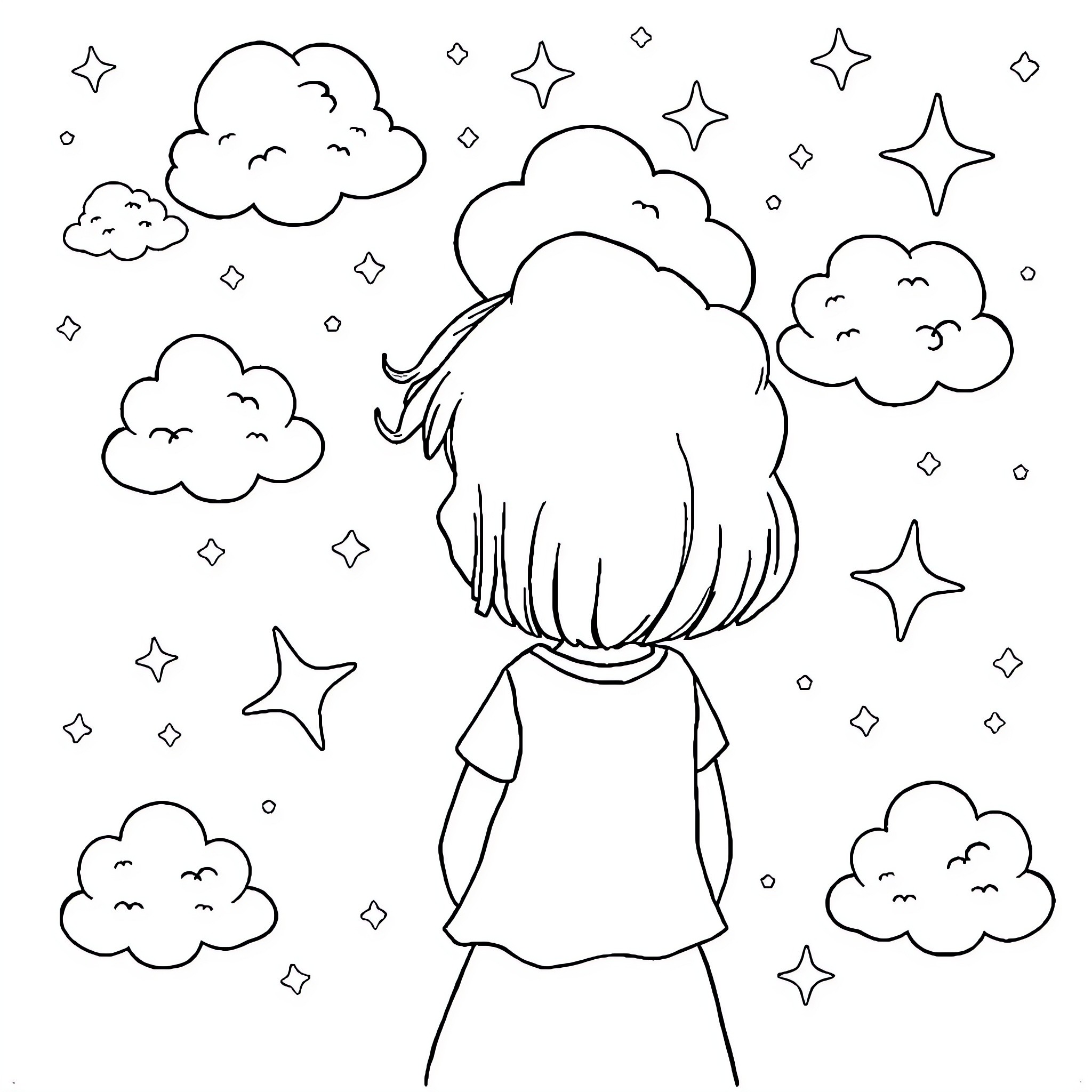Girl gazing at the whimsical clouds Coloring Page (free black-and-white line drawing printable PDF for all, from beginners to advanced learners, including children, teens, adults, and seniors)