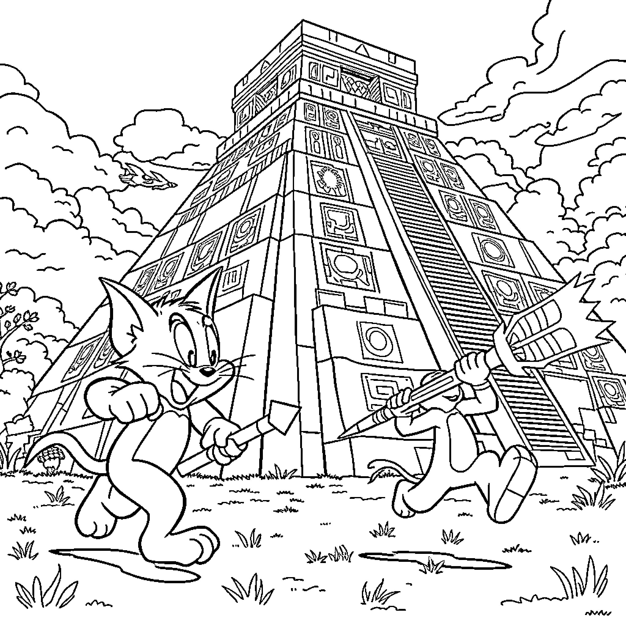Tom and Jerry exploring Mayan ruins Coloring Page (free black-and-white line drawing printable PDF for all, from beginners to advanced learners, including children, teens, adults, and seniors)