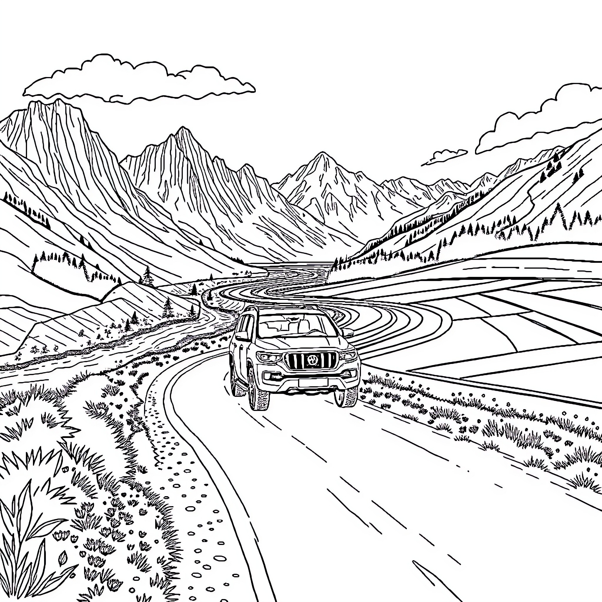 SUV driving through majestic mountain landscape Coloring Page (free black-and-white line drawing printable PDF for all, from beginners to advanced learners, including children, teens, adults, and seniors)