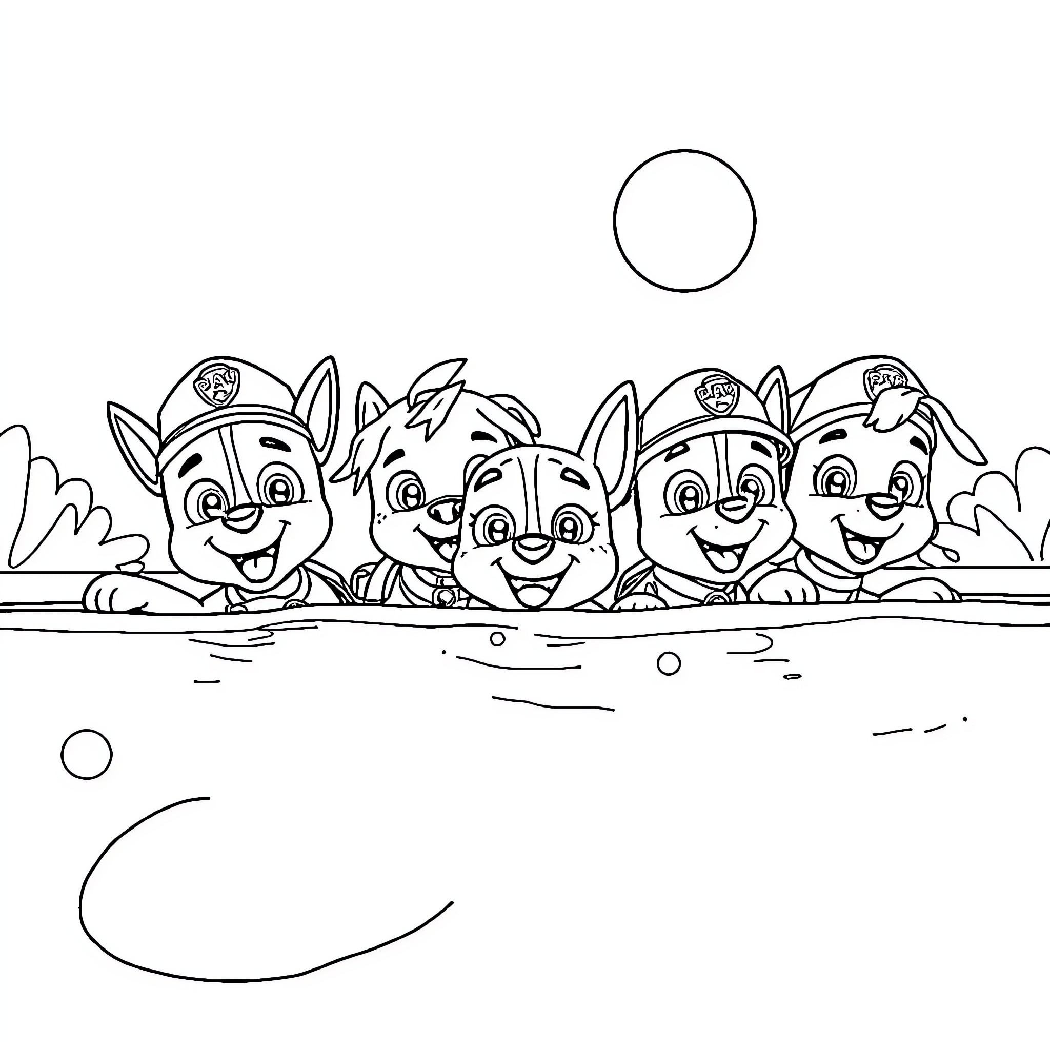 Paw Patrol characters swimming happily together Coloring Page (free black-and-white line drawing printable PDF for all, from beginners to advanced learners, including children, teens, adults, and seniors)