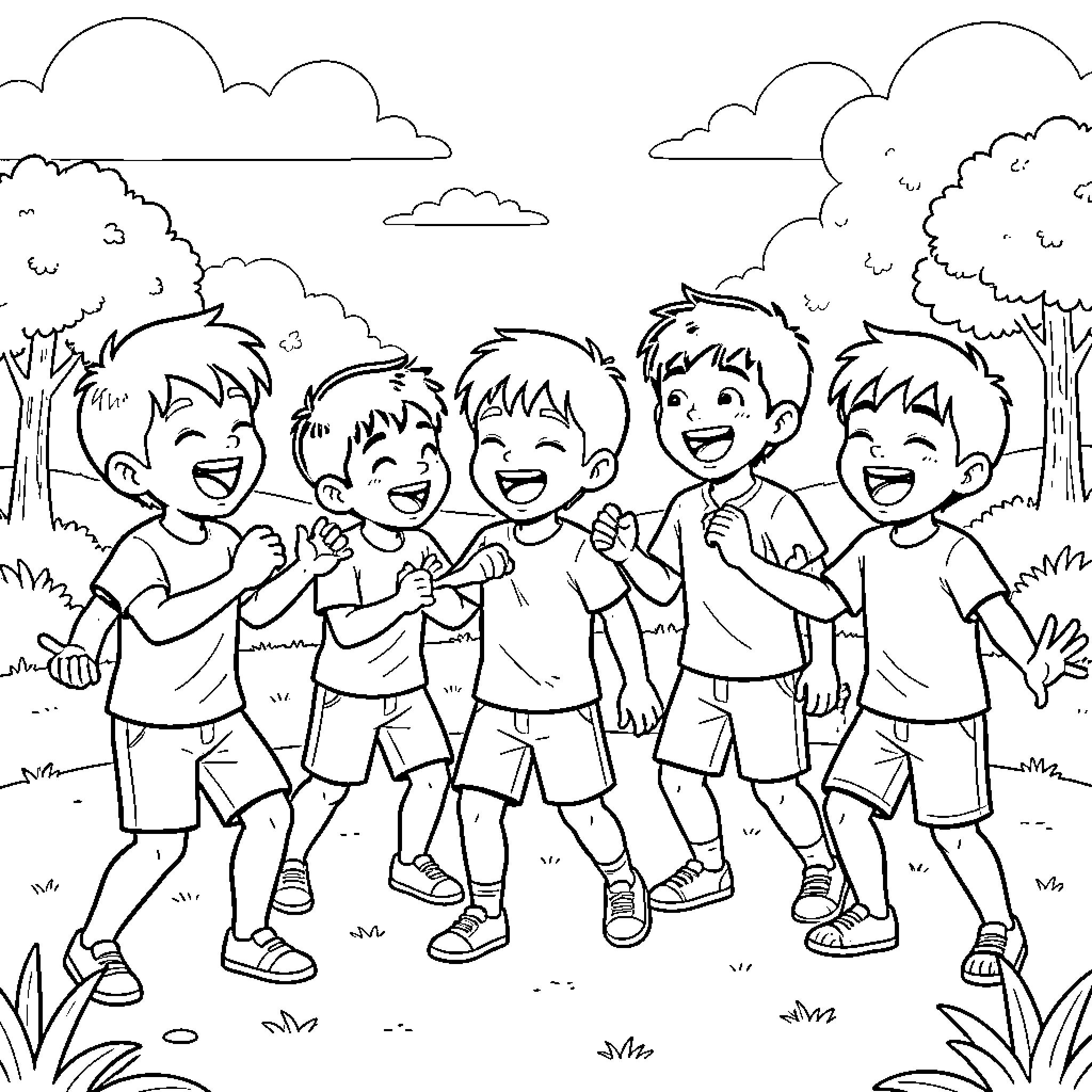 Saja Boy in Cheerful Outdoor Adventure Coloring Page (free black-and-white line drawing printable PDF for all, from beginners to advanced learners, including children, teens, adults, and seniors)