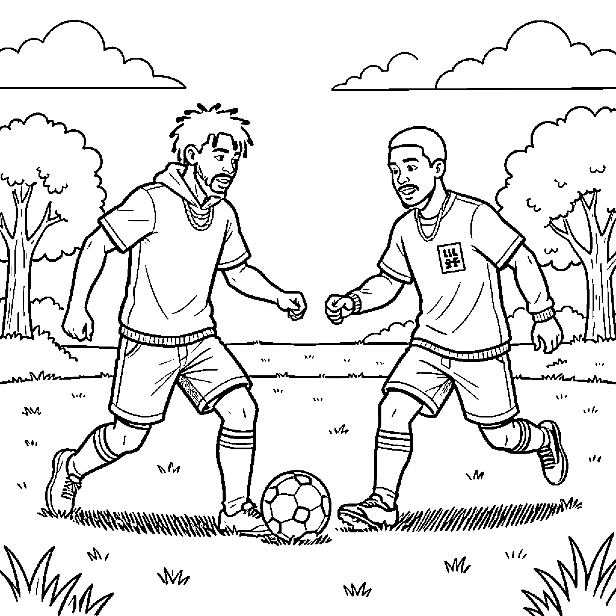 King Von playing soccer in a grassy park Coloring Page (free black-and-white line drawing printable PDF for all, from beginners to advanced learners, including children, teens, adults, and seniors)
