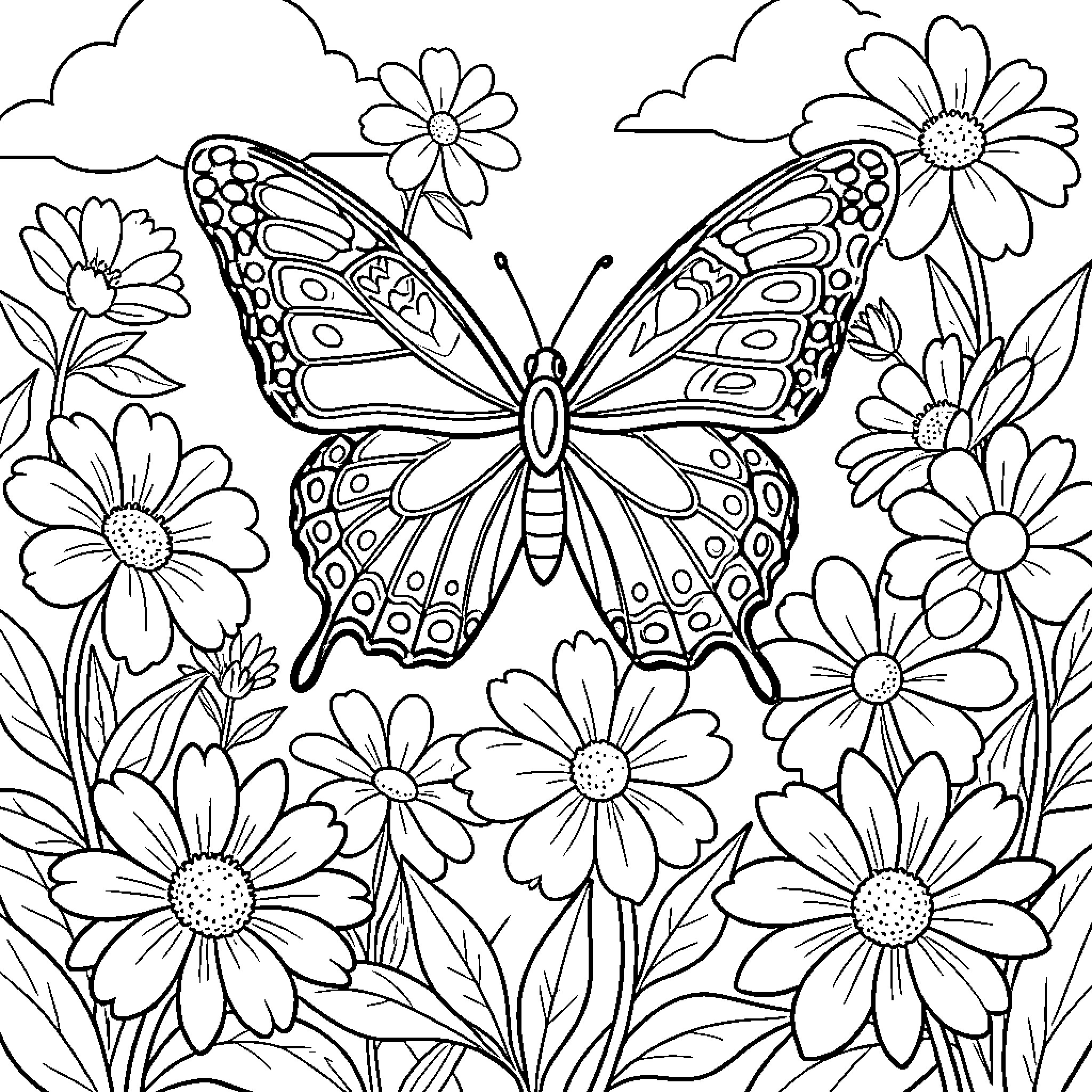 Butterfly amidst blooming flowers Coloring Page (free black-and-white line drawing printable PDF for all, from beginners to advanced learners, including children, teens, adults, and seniors)