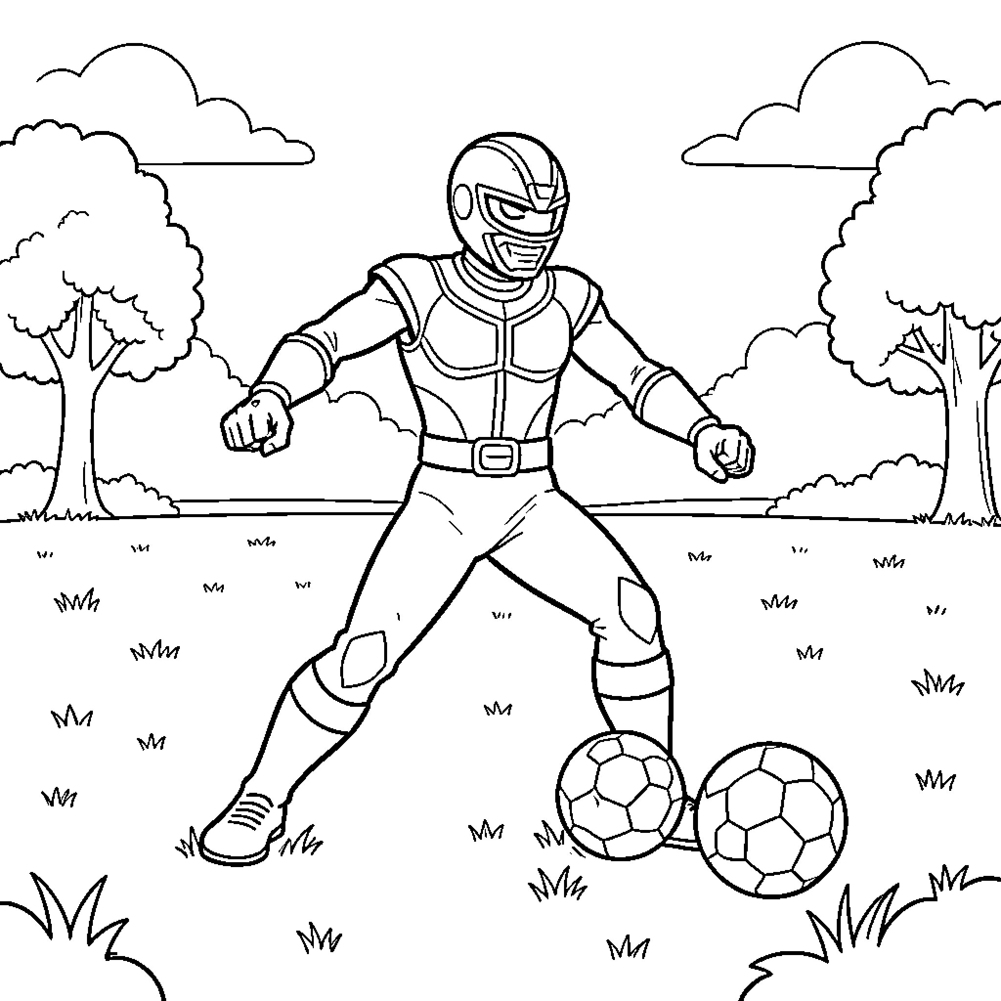 Power Ranger playing soccer in a grassy field Coloring Page (free black-and-white line drawing printable PDF for all, from beginners to advanced learners, including children, teens, adults, and seniors)