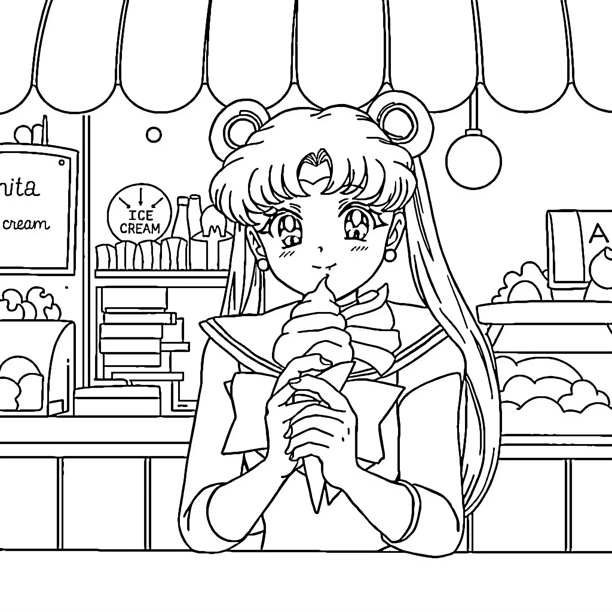 Sailor Moon in a cozy ice cream shop Coloring Page (free black-and-white line drawing printable PDF for all, from beginners to advanced learners, including children, teens, adults, and seniors)