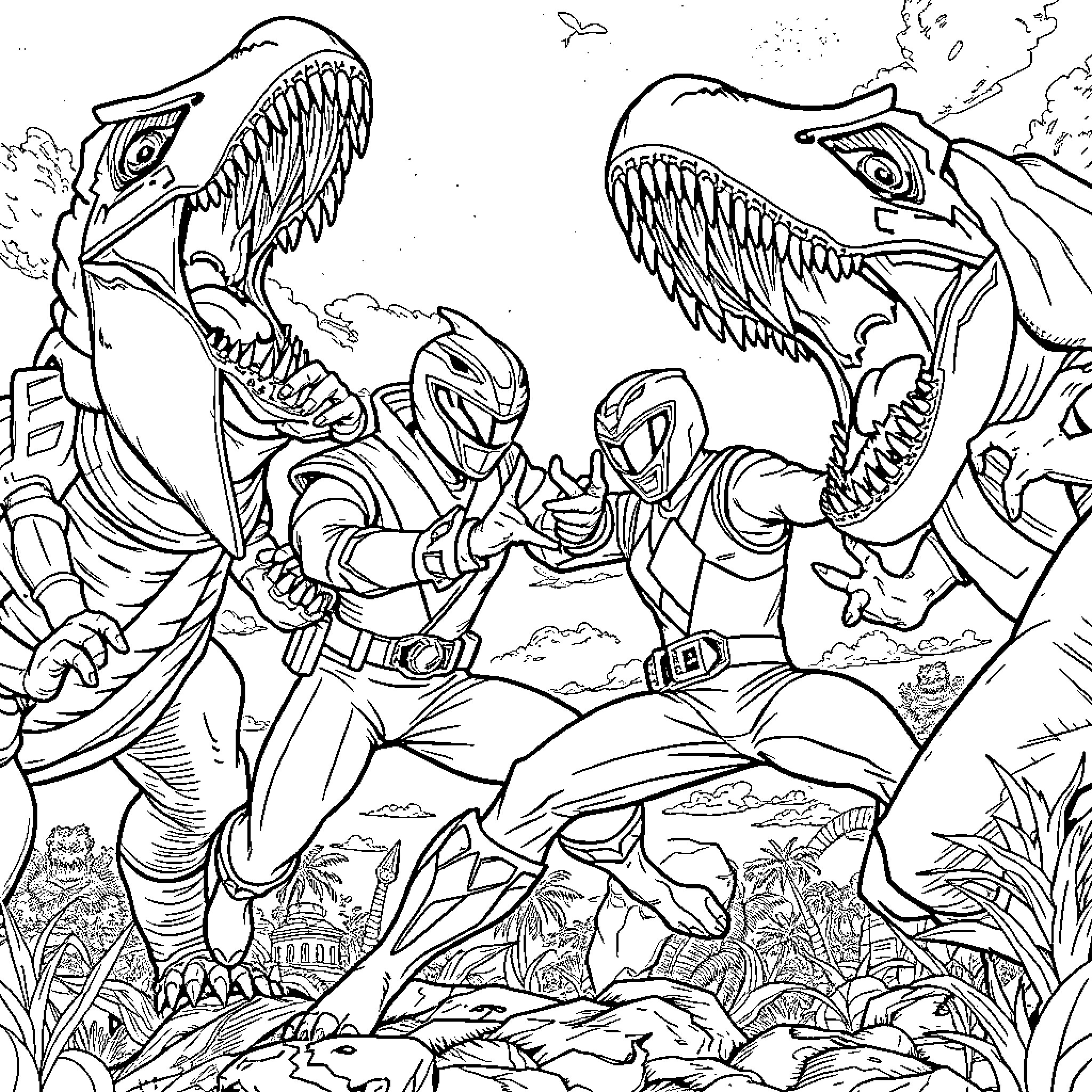 Power Rangers battling fierce dinosaur creatures in the wild Coloring Page (free black-and-white line drawing printable PDF for all, from beginners to advanced learners, including children, teens, adults, and seniors)