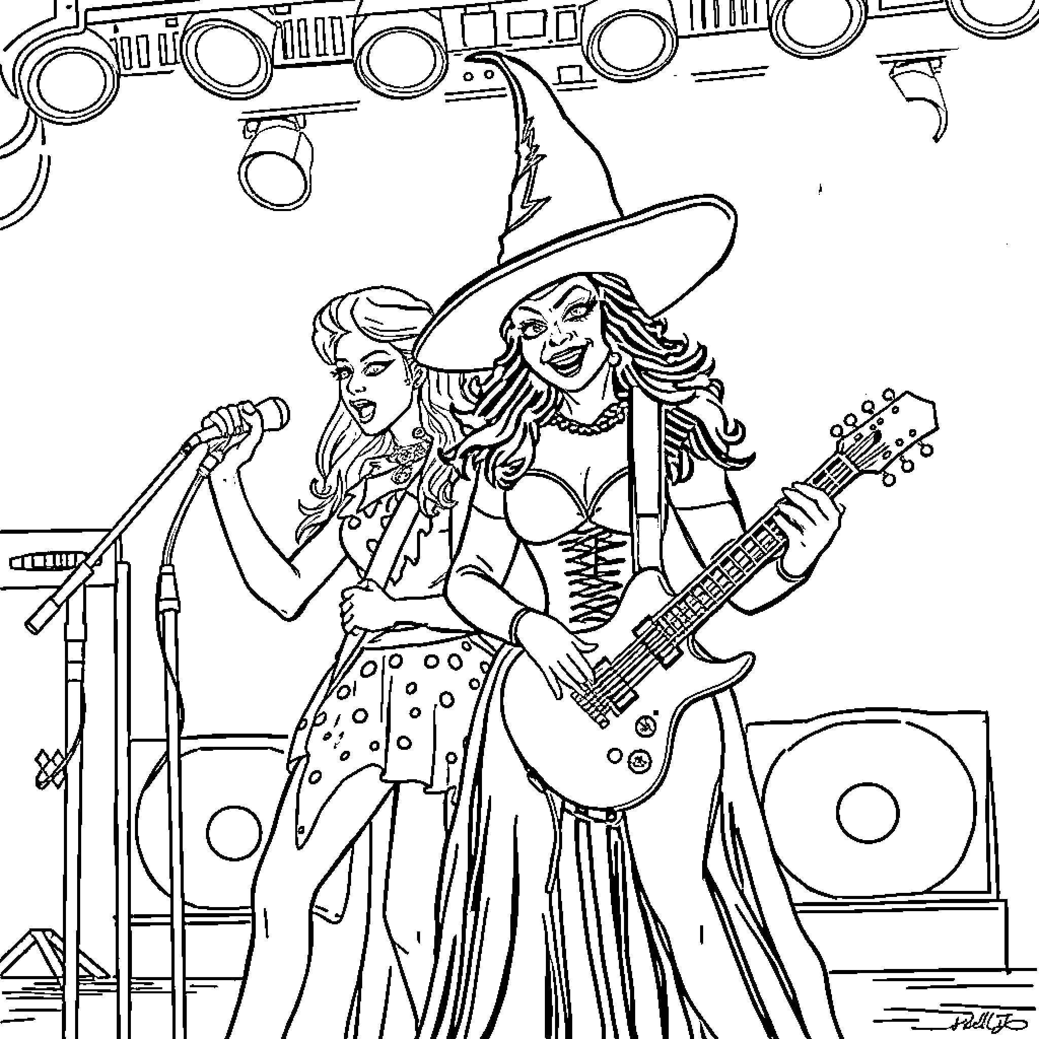 Galinda's Electrifying Rock Star Performance Coloring Page (free black-and-white line drawing printable PDF for all, from beginners to advanced learners, including children, teens, adults, and seniors)