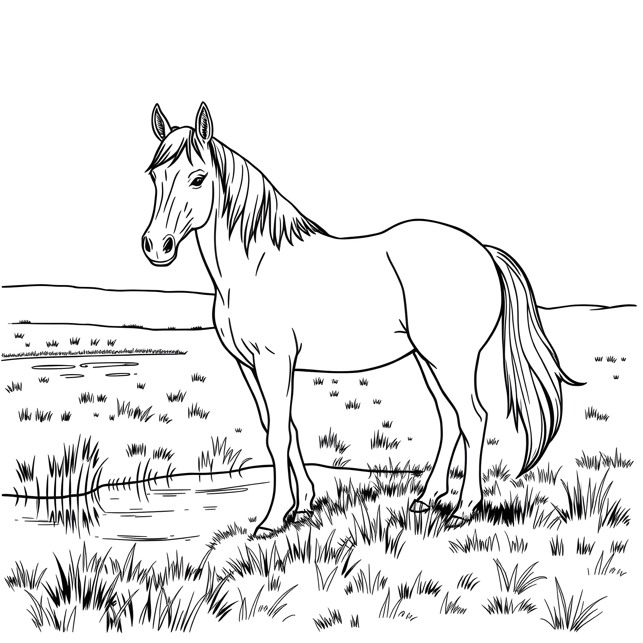 Horse standing in a grassy field Coloring Page (free black-and-white line drawing printable PDF for all, from beginners to advanced learners, including children, teens, adults, and seniors)