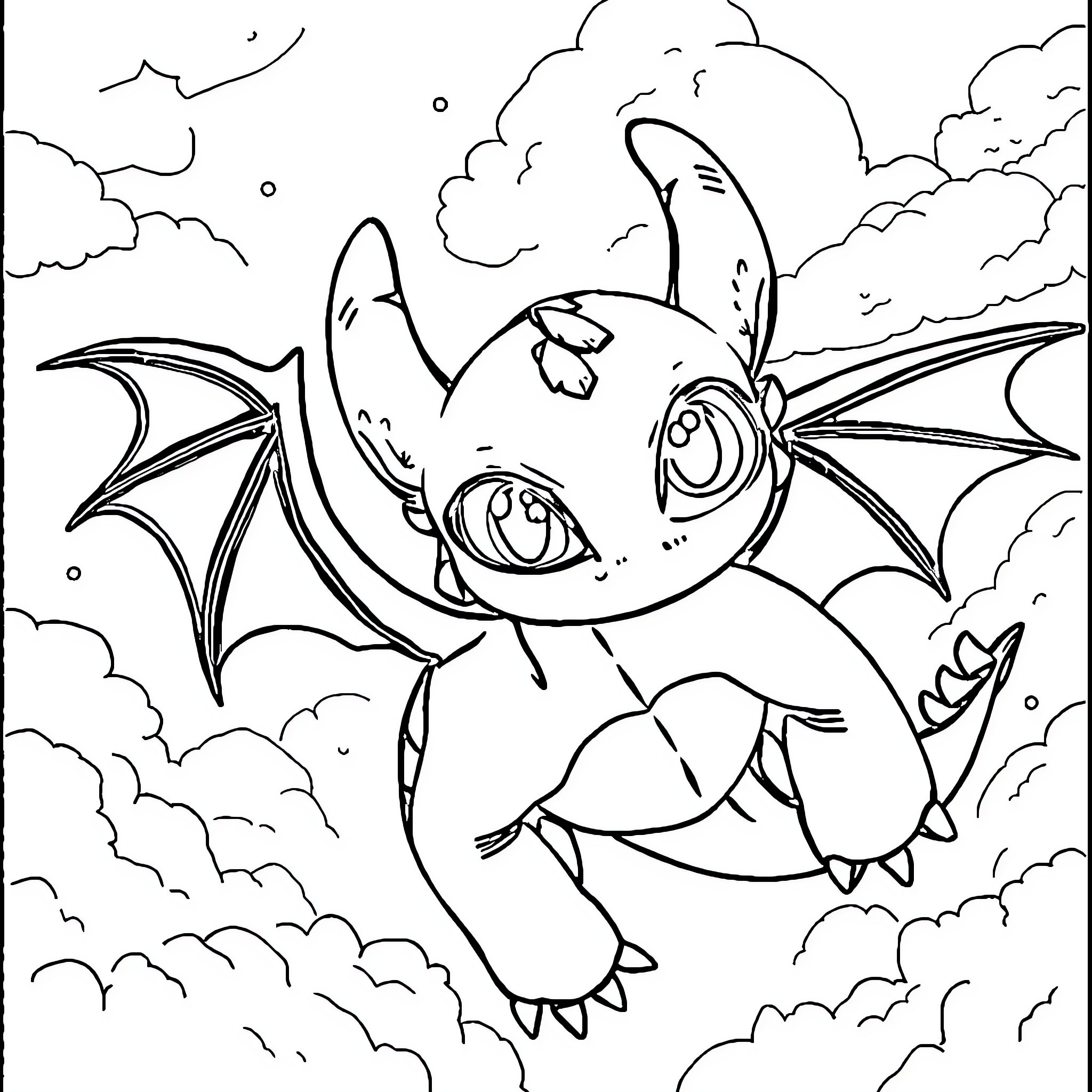 Toothless dragon soaring through the clouds Coloring Page (free black-and-white line drawing printable PDF for all, from beginners to advanced learners, including children, teens, adults, and seniors)