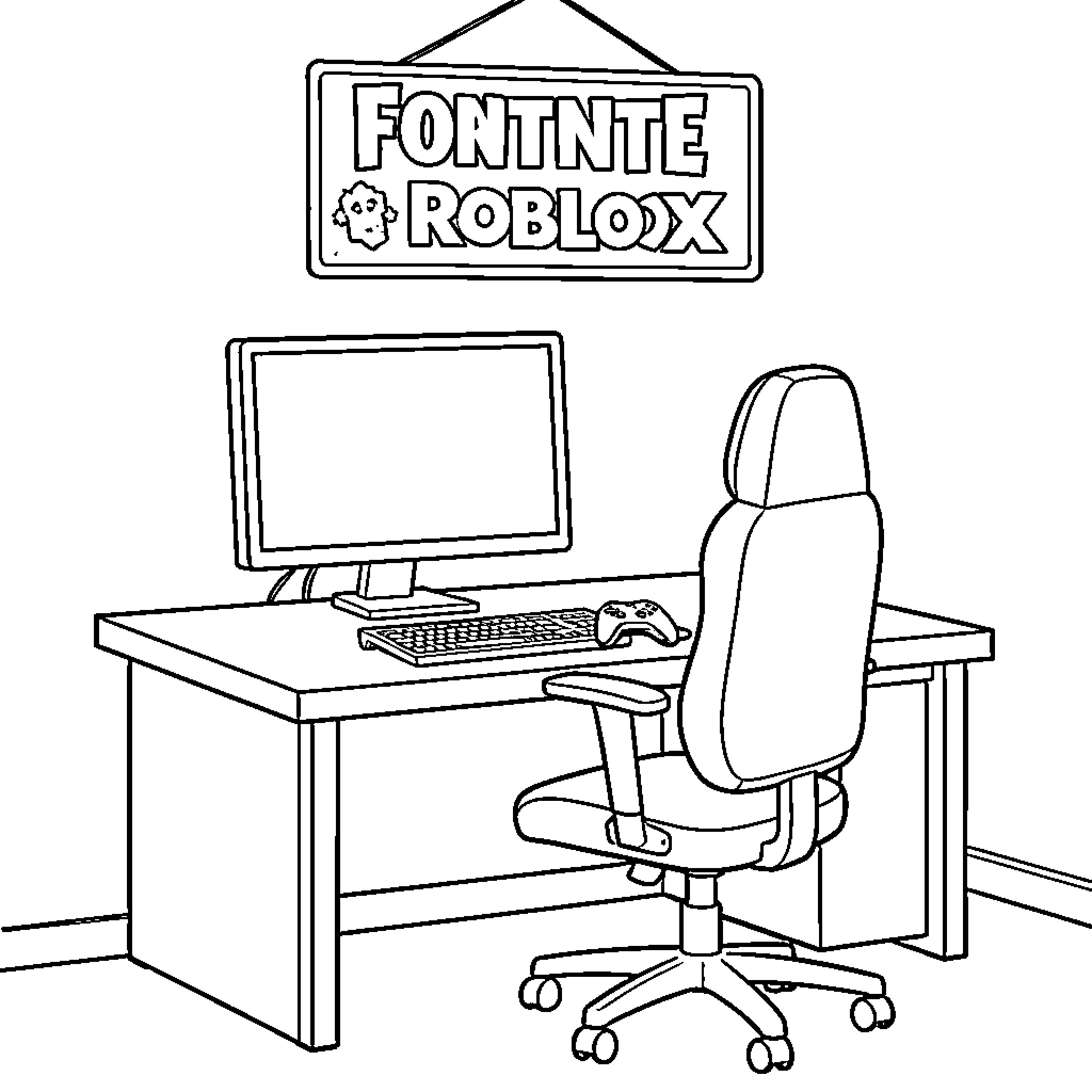 Gaming Setup with a computer and desk chair Coloring Page (free black-and-white line drawing printable PDF for all, from beginners to advanced learners, including children, teens, adults, and seniors)
