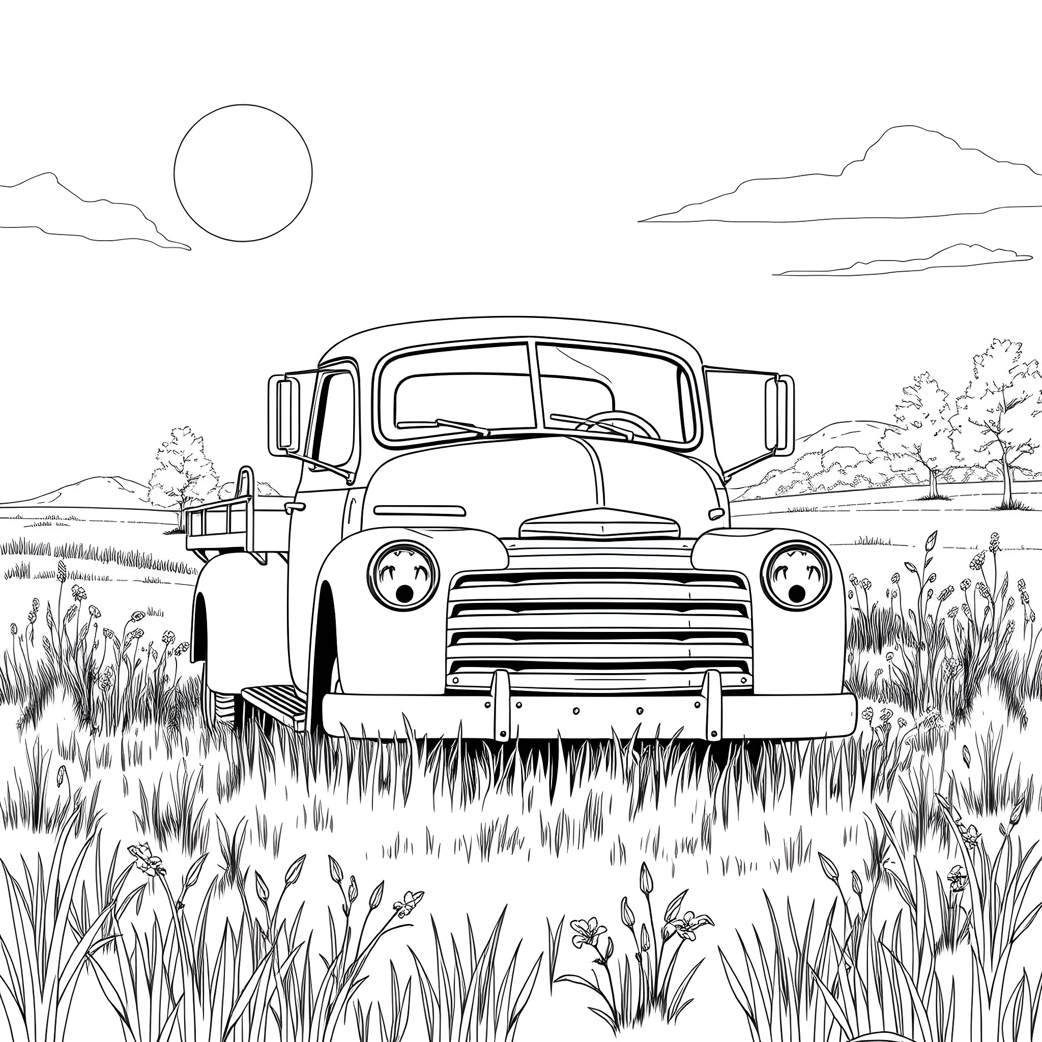 Truck parked in grassy field with mountains Coloring Page (free black-and-white line drawing printable PDF for all, from beginners to advanced learners, including children, teens, adults, and seniors)