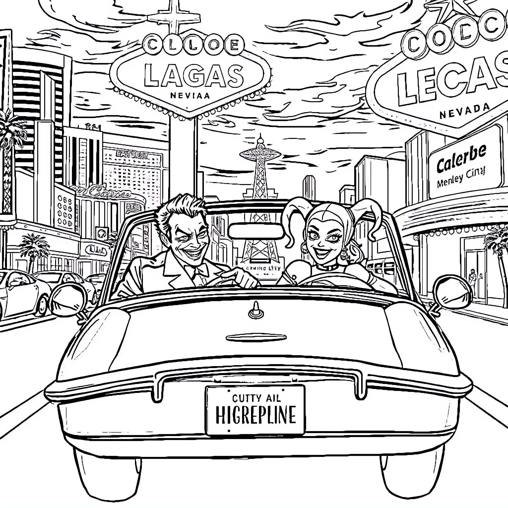 Joker Duo Cruising in Vegas Vintage Car Coloring Page (free black-and-white line drawing printable PDF for all, from beginners to advanced learners, including children, teens, adults, and seniors)