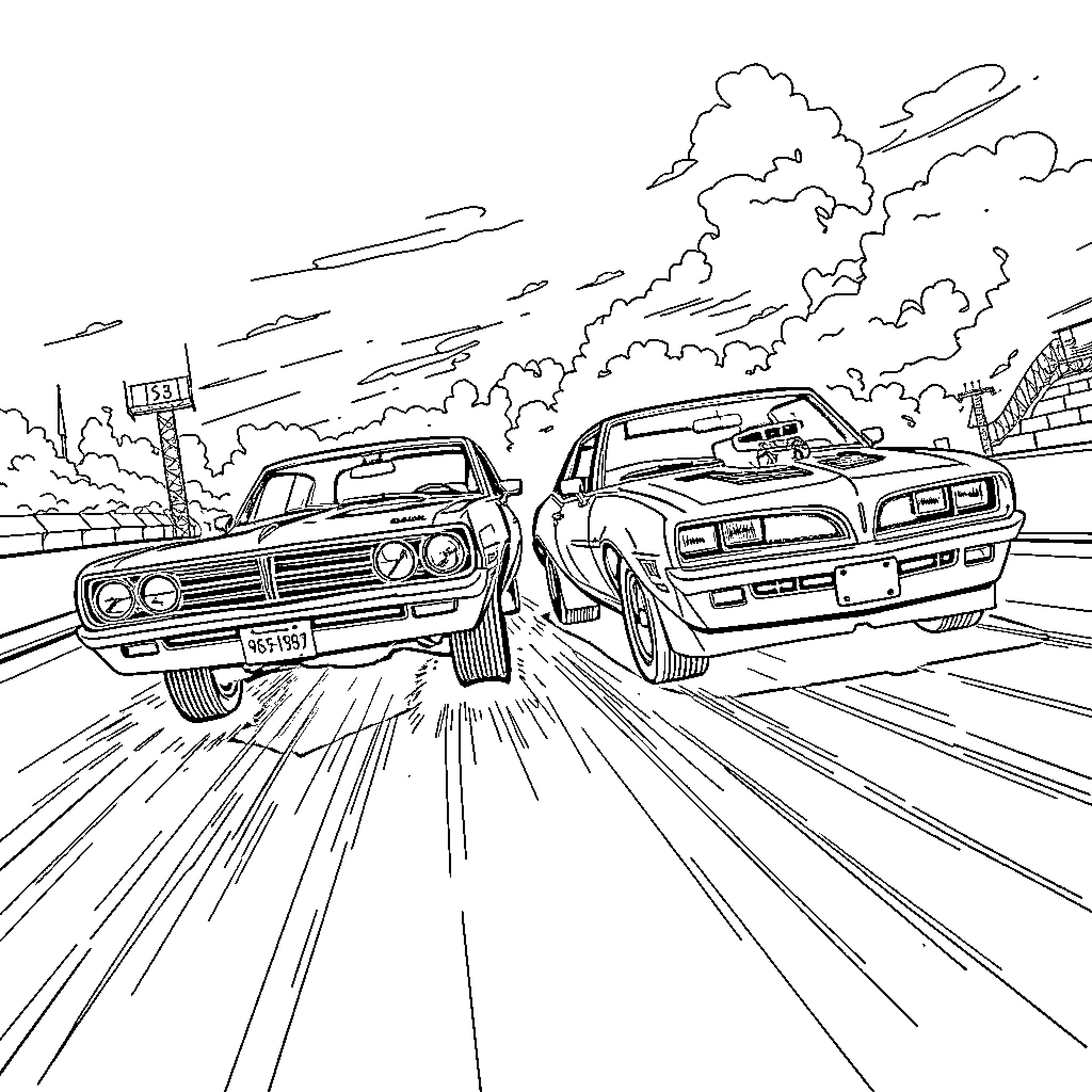 Oldsmobile muscle cars racing down the highway Coloring Page (free black-and-white line drawing printable PDF for all, from beginners to advanced learners, including children, teens, adults, and seniors)