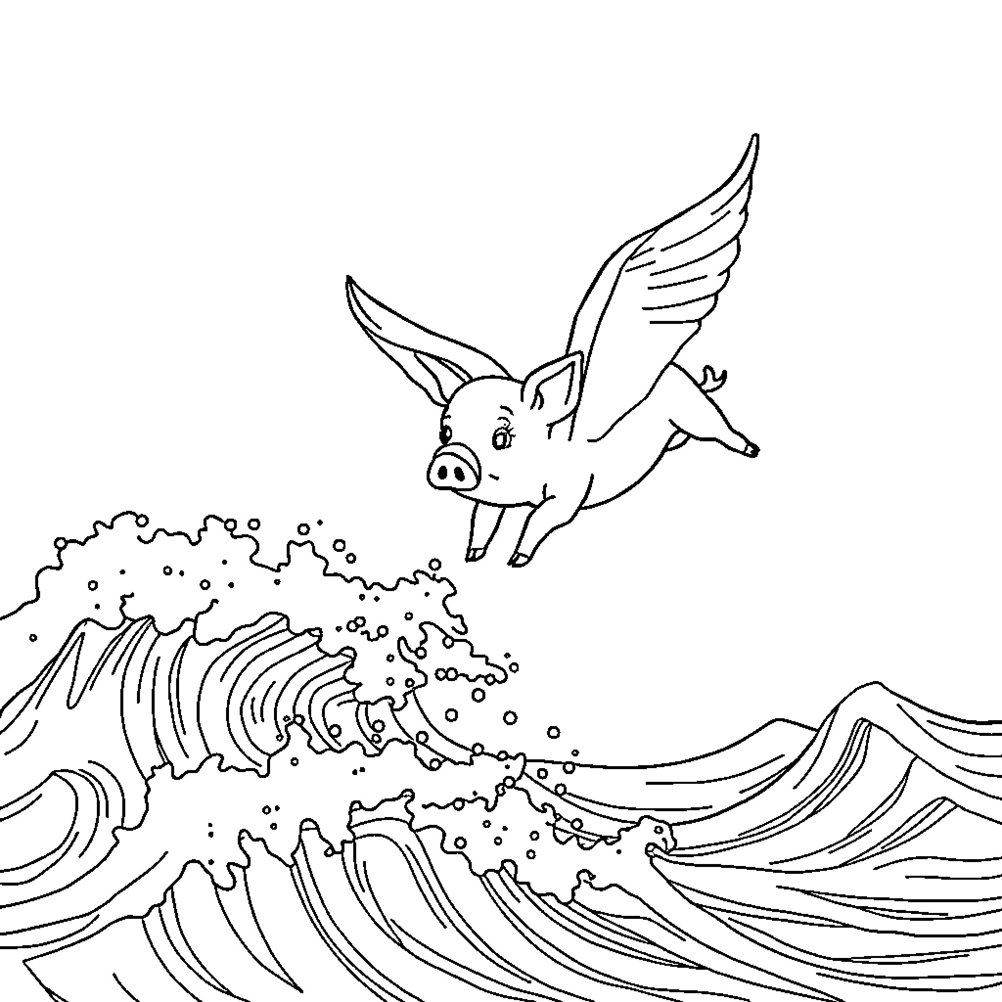 Flying Pig soaring over crashing waves Coloring Page (free black-and-white line drawing printable PDF for all, from beginners to advanced learners, including children, teens, adults, and seniors)