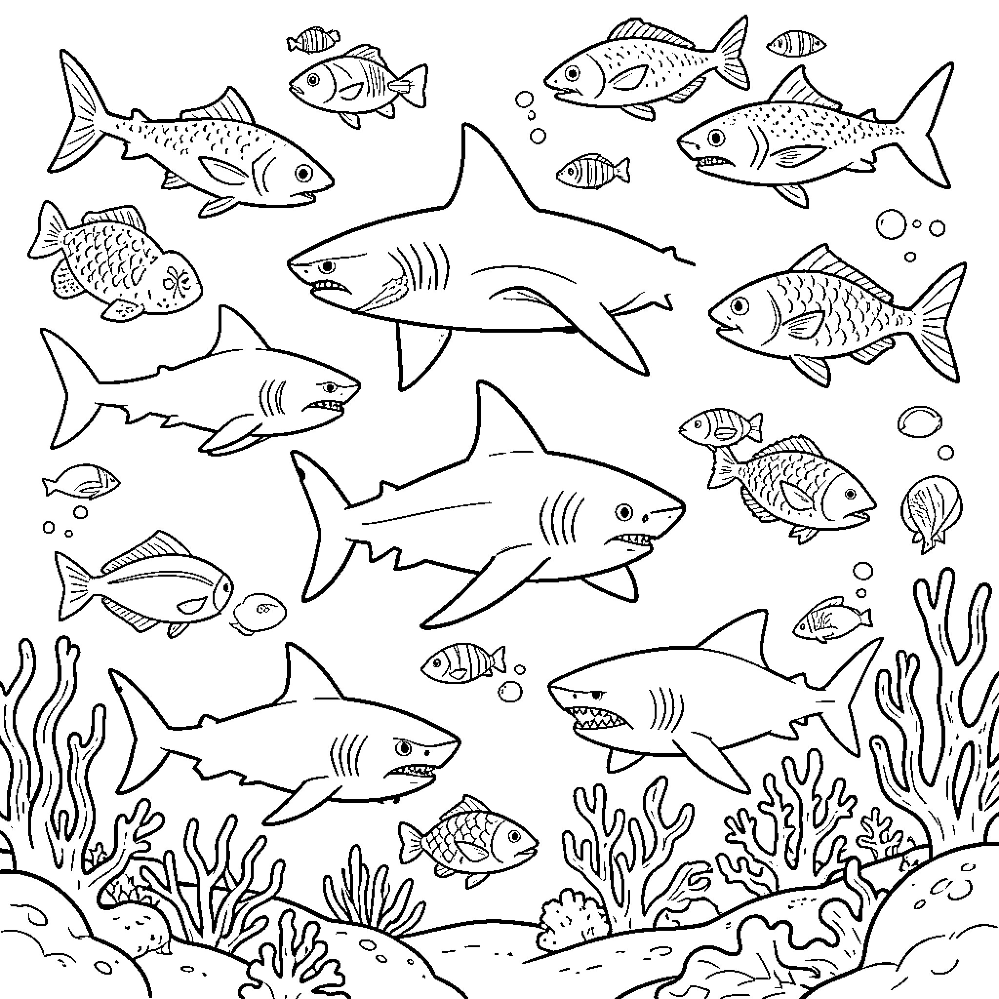 Sea sharks and small fish swimming near coral reefs Coloring Page (free black-and-white line drawing printable PDF for all, from beginners to advanced learners, including children, teens, adults, and seniors)