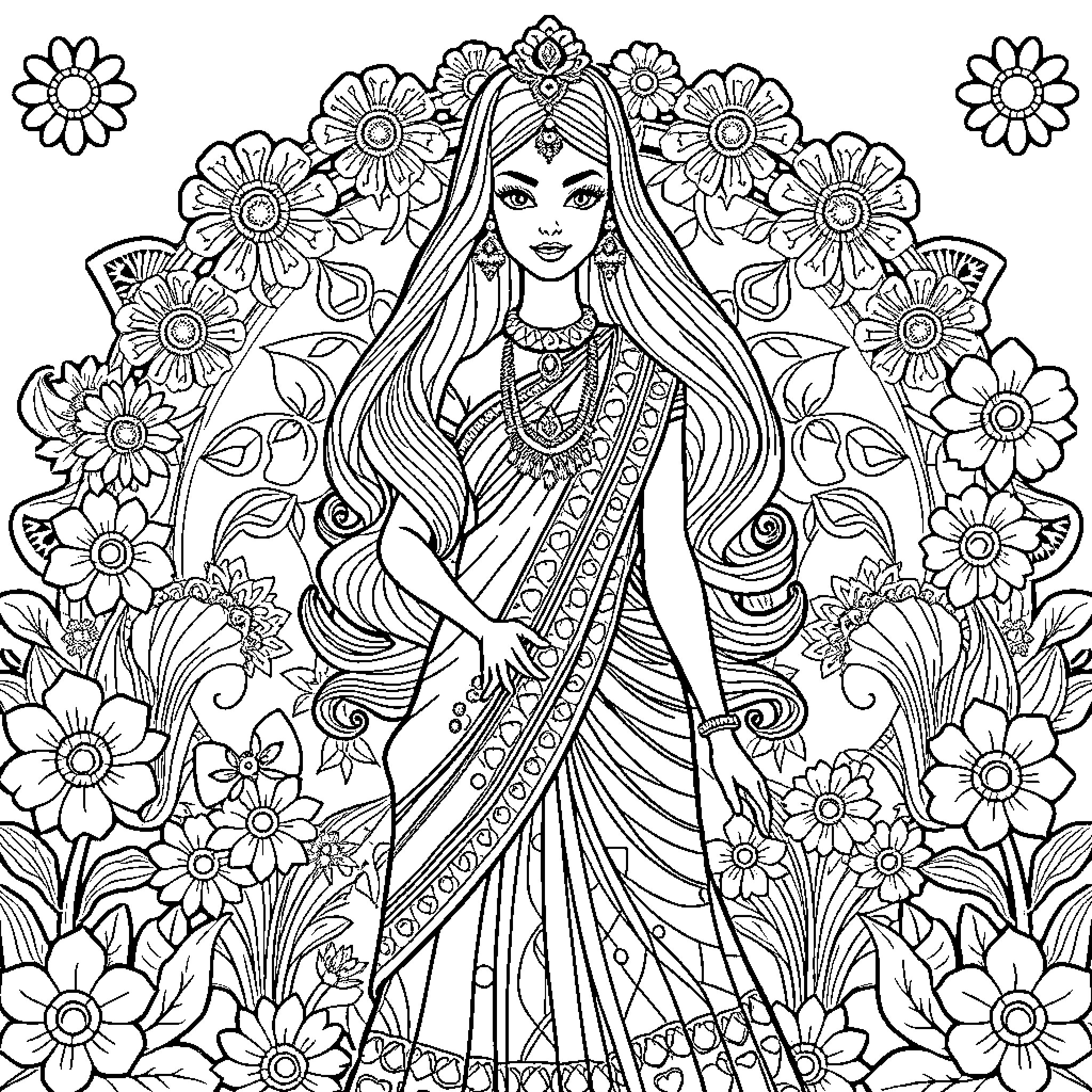 Barbie in a floral paradise Coloring Page (free black-and-white line drawing printable PDF for all, from beginners to advanced learners, including children, teens, adults, and seniors)